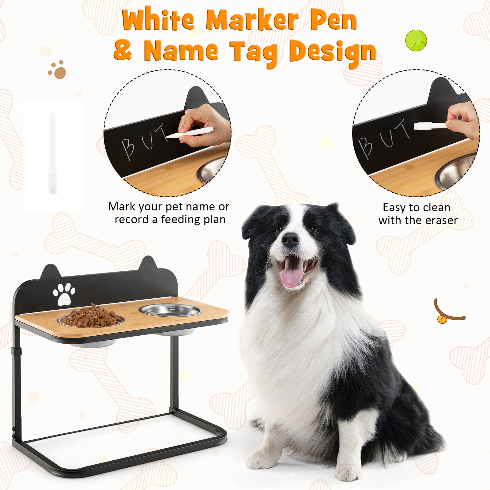 SUGIFT Black Bamboo Elevated Dog Bowl Stand with 2 Stainless Steel Bowls 21-in W 12-in D 21-in H