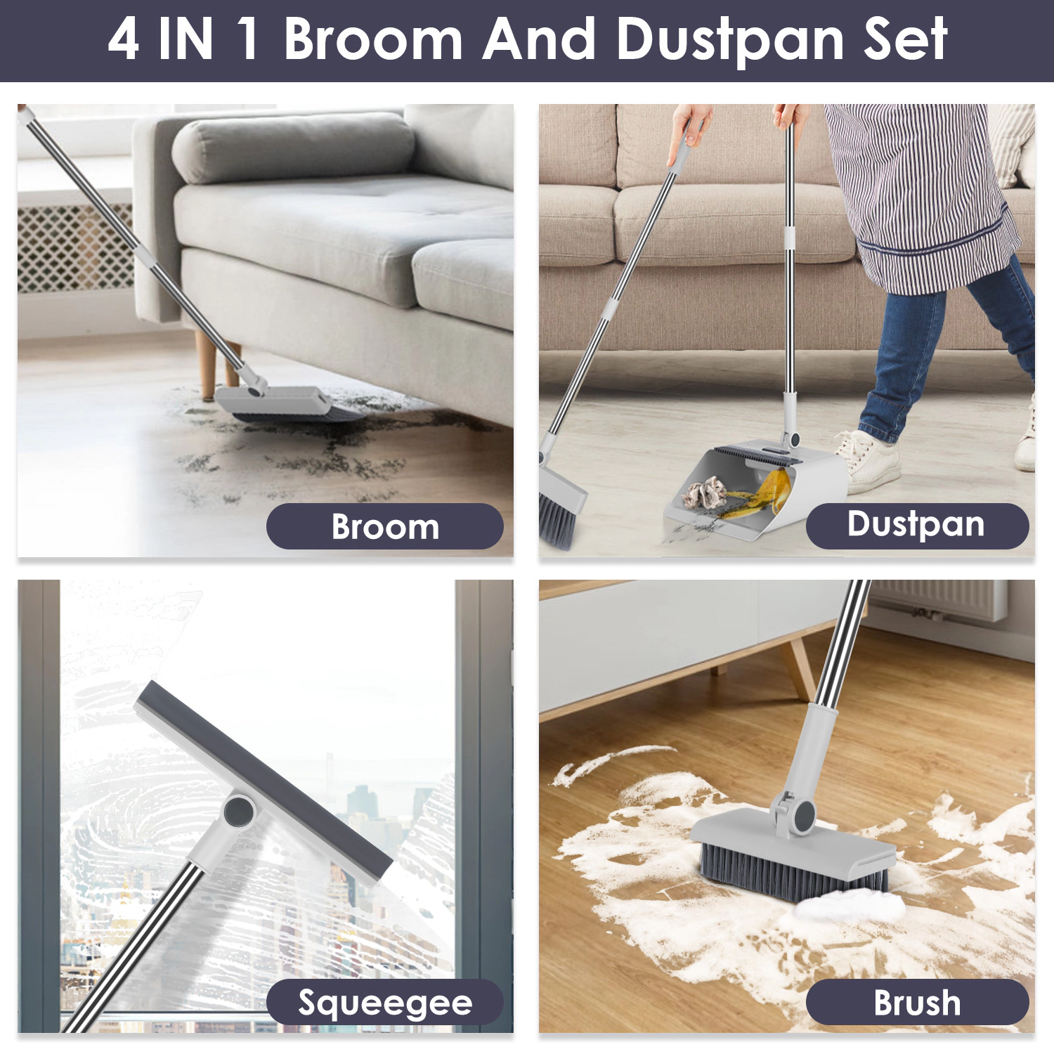 GBruno 4-in-1 Broom And Dustpan Combo Set