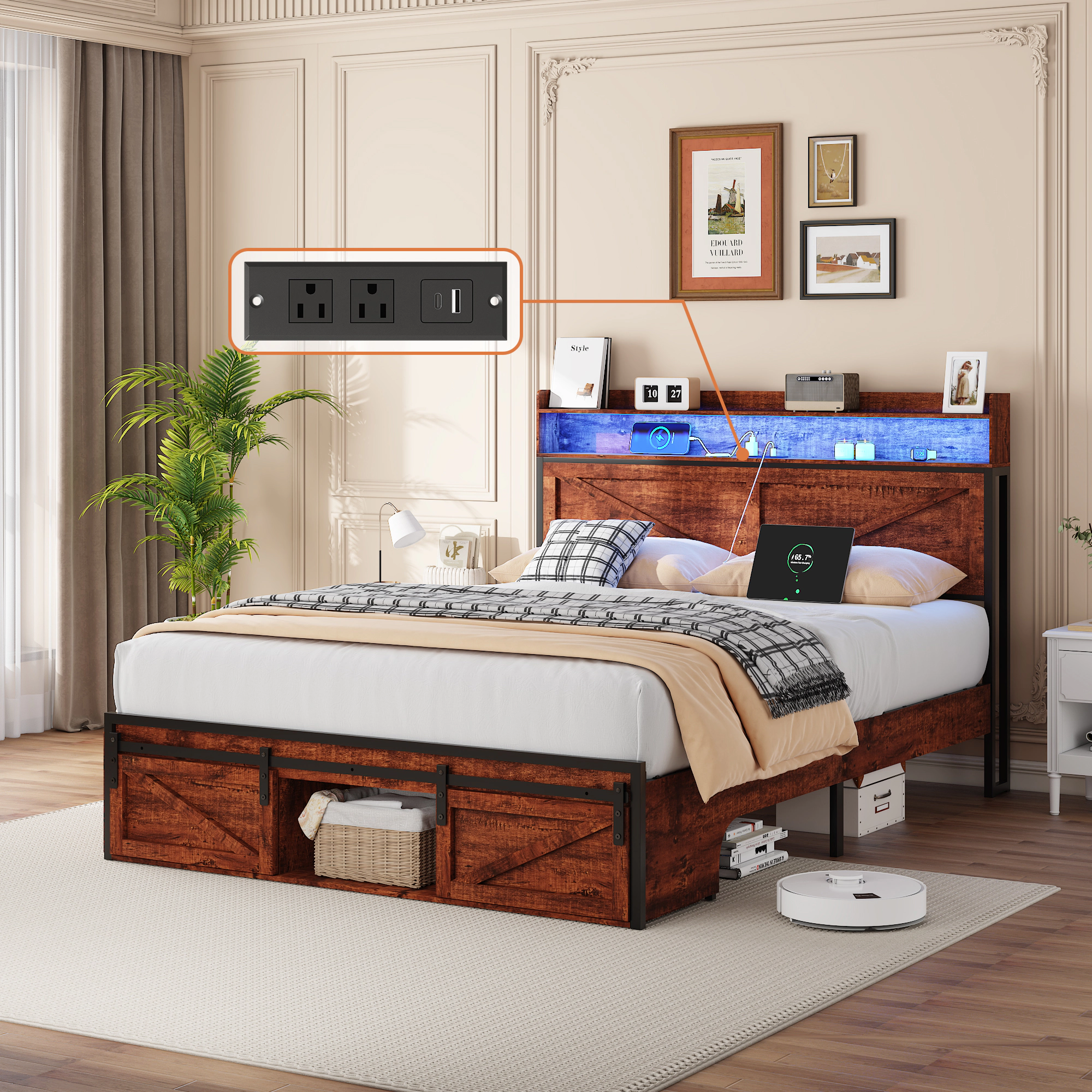 Flynama Queen Bed Frame with Storage & LED Headboard, Anti-Slip Metal Platform, Brown