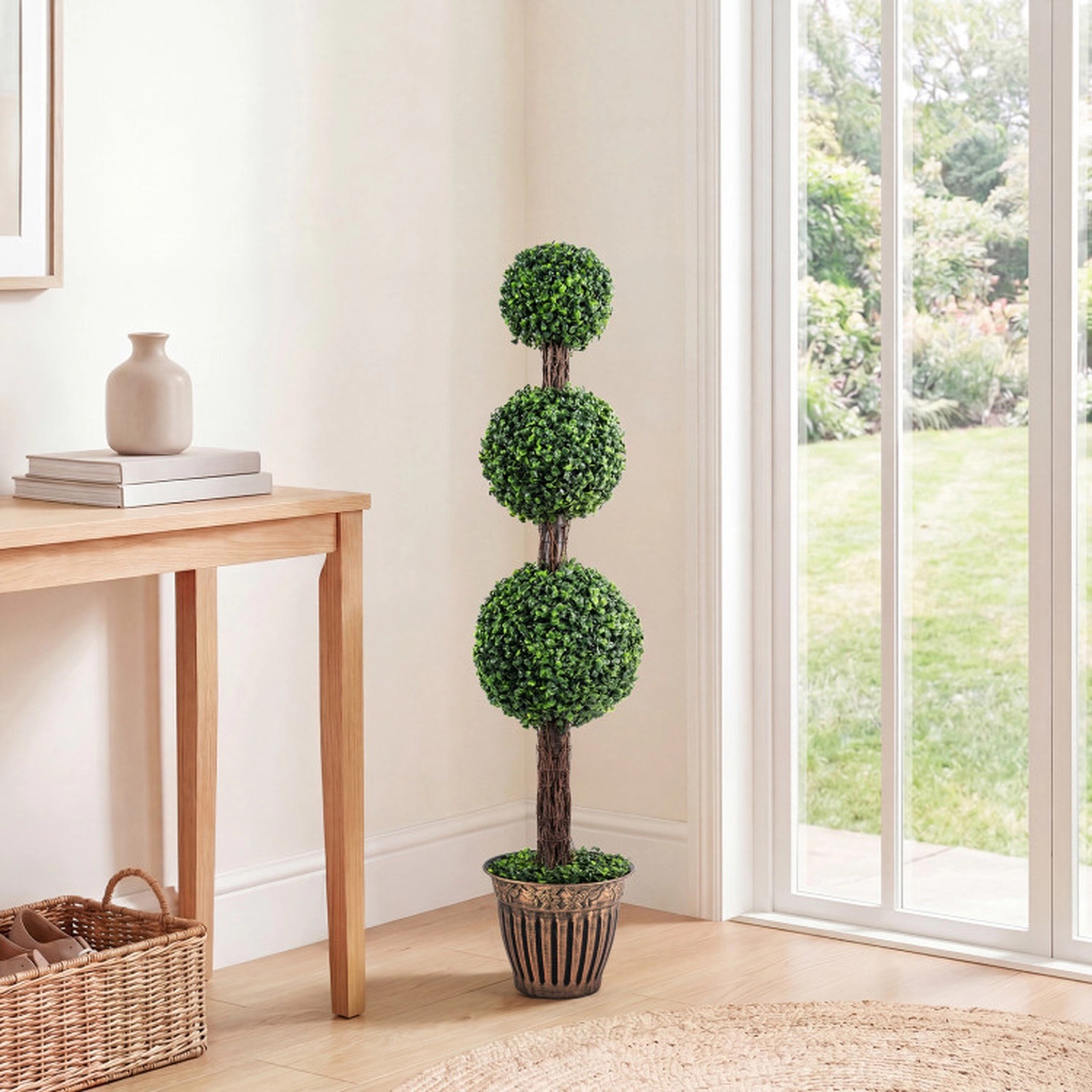 SUGIFT 4-ft Green Artificial Triple Ball Boxwood Topiary Tree with Cement Filled Planter 11-in W 47-in H