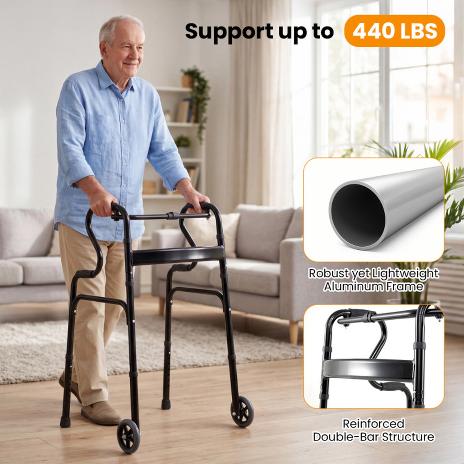 SUGIFT Folding Walker, 440 lb Capacity, Adjustable 30-37 in Height, Bi-Level Armrests
