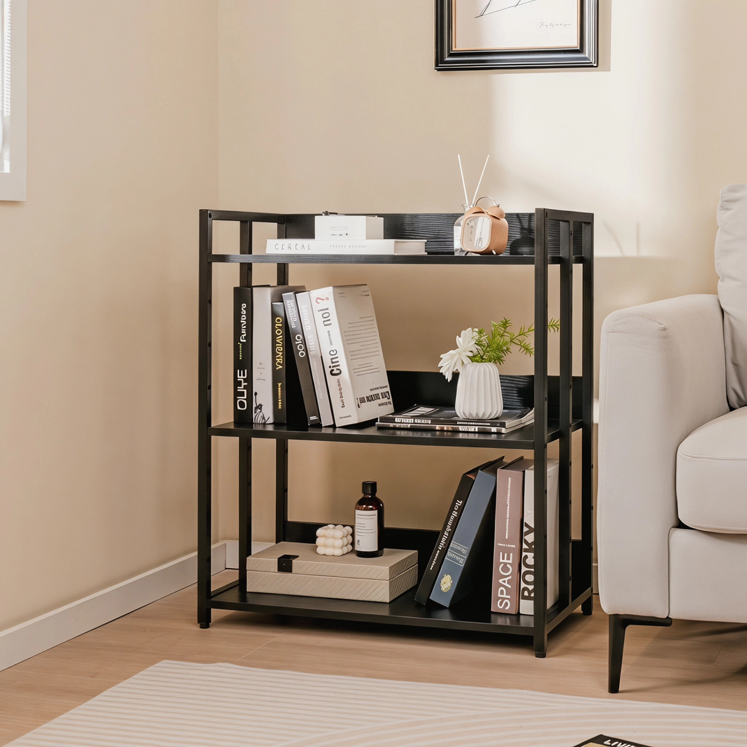 LJG 3-Tier Corner Bookshelf with Adjustable Shelves and Anti-Toppling Device for Study