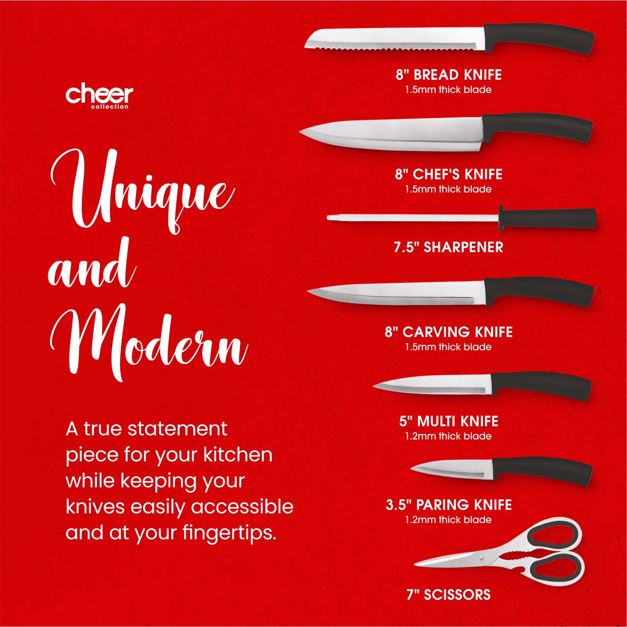 Cheer Collection Chef Knife Set (7 Piece) with Rotating Stand - Sharp Serrated
