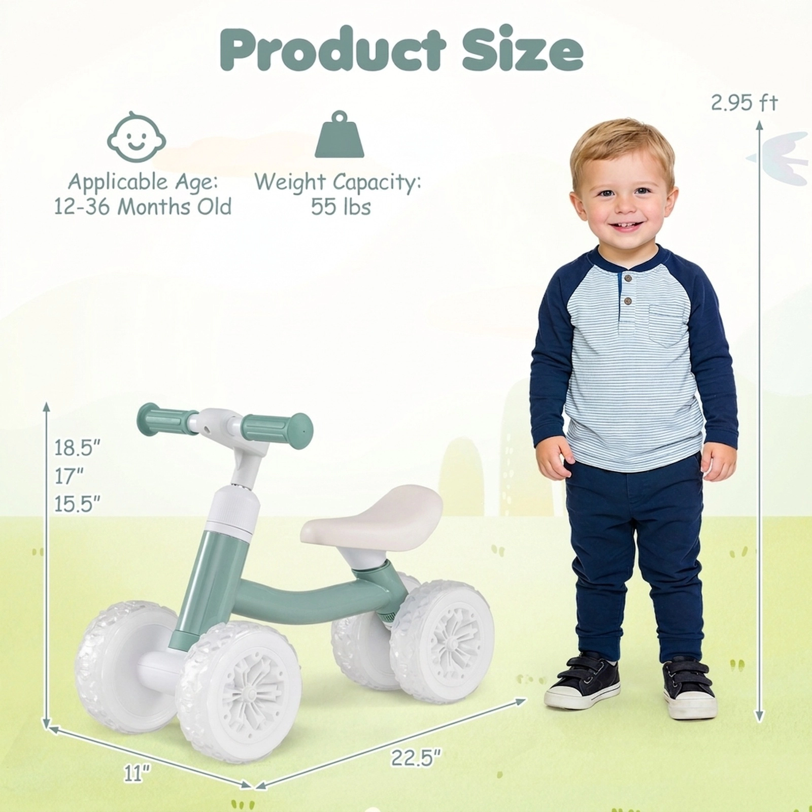 Baby Balance Bike Light-Up Wheels 3-Level Adjustable Handlebar and Seat 45-Degree Steering Limit 12-36 Months Green