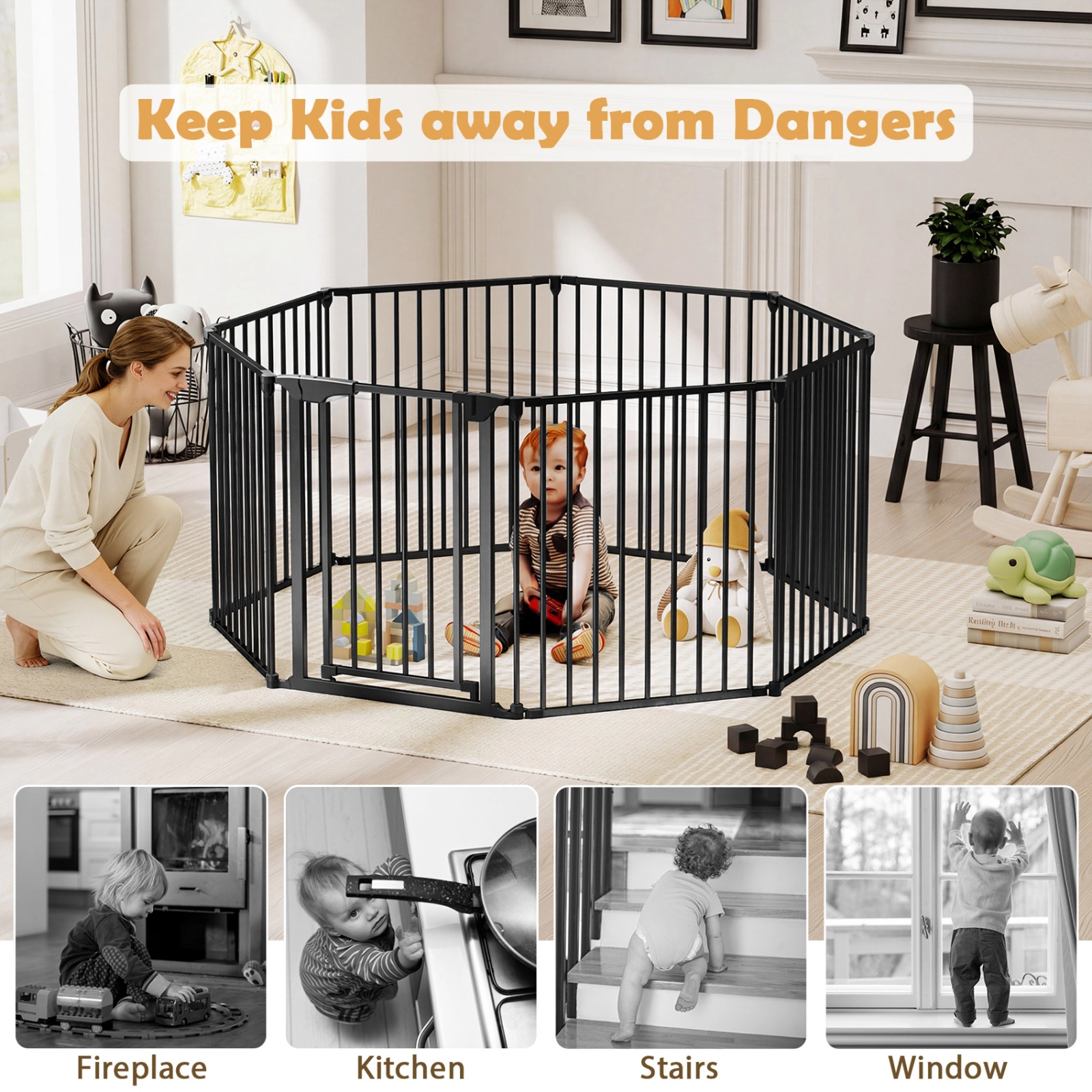 SUGIFT 8-Panel Extra Wide Pet Safety Gate Black with Auto-Close Lockable Door