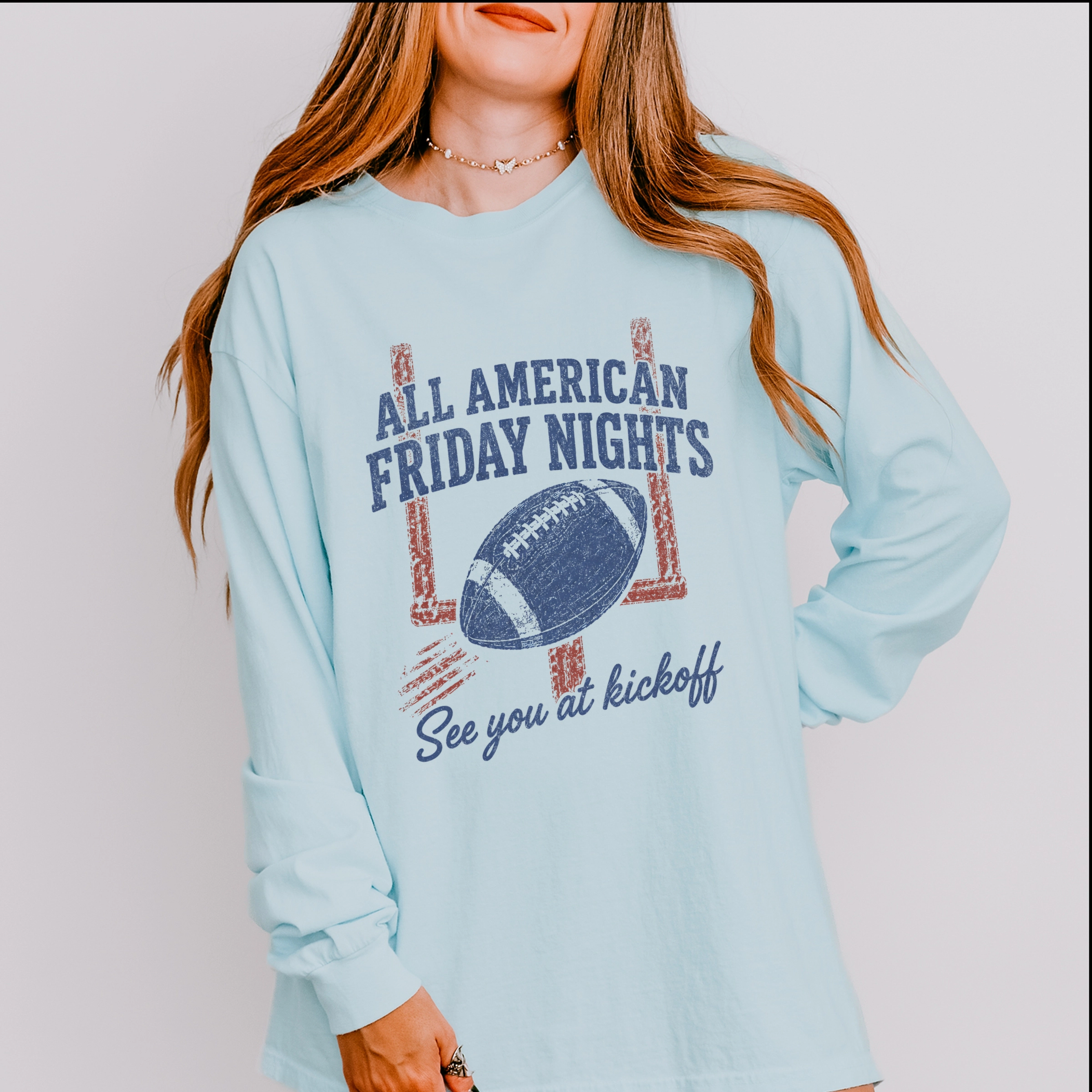 Simply Sage Market - Women's Garment Dyed Long Sleeve Graphic T-Shirt All American Friday Nights