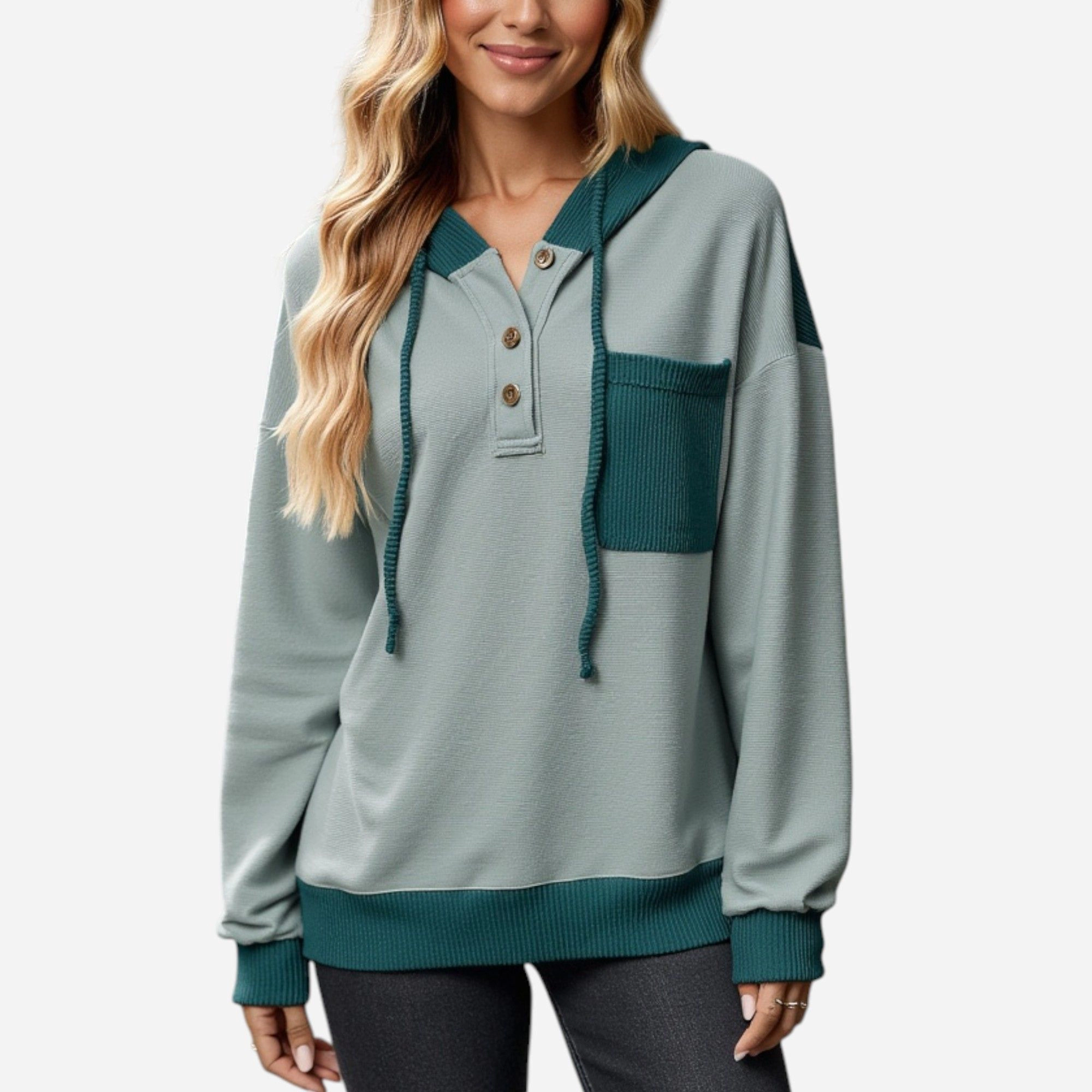 Anna-Kaci Women's Button Front Hooded Pullover with Pocket and Ribbed Trim