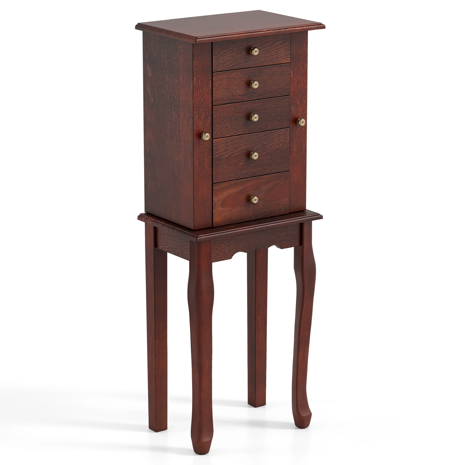 SUGIFT Standing Jewelry Armoire Cabinet with Mirror and 5 Drawers 34-in Tall 2-Compartment MDF Storage Brown