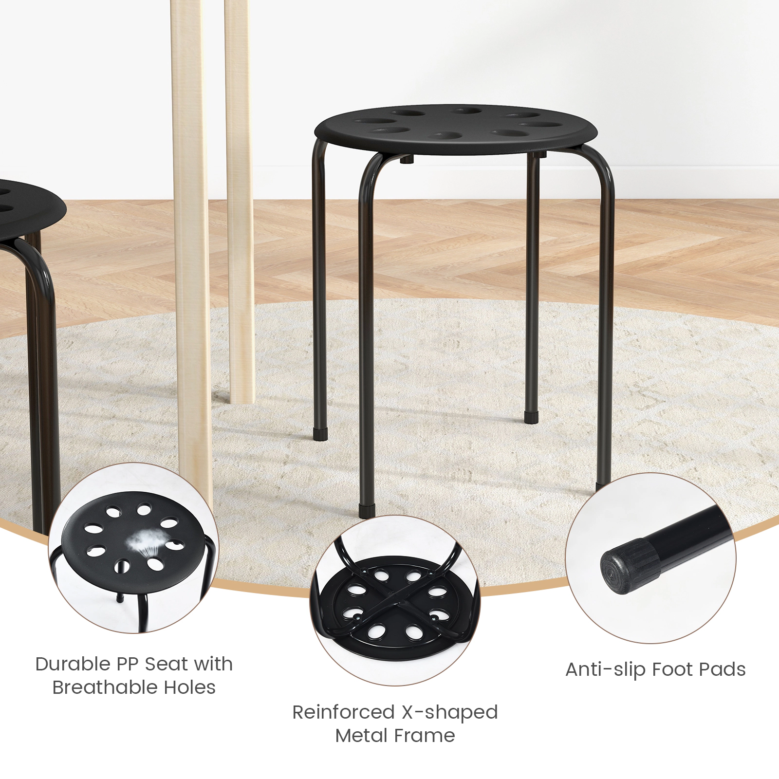 SUGIFT Set of 6 Stackable Steel and Plastic Stools 220-lb Capacity 17.5-in Tall Black/Multicolor/Gray