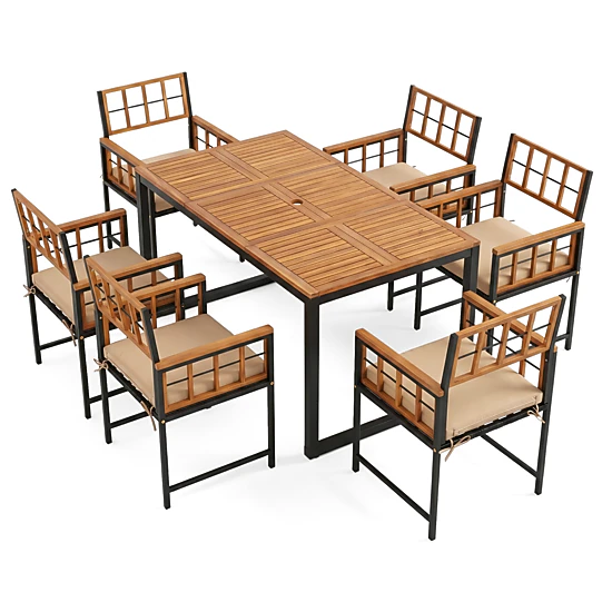 Hivvago 7-Piece Outdoor Dining Set With Acacia Wood Table & Chairs And Umbrella Hole