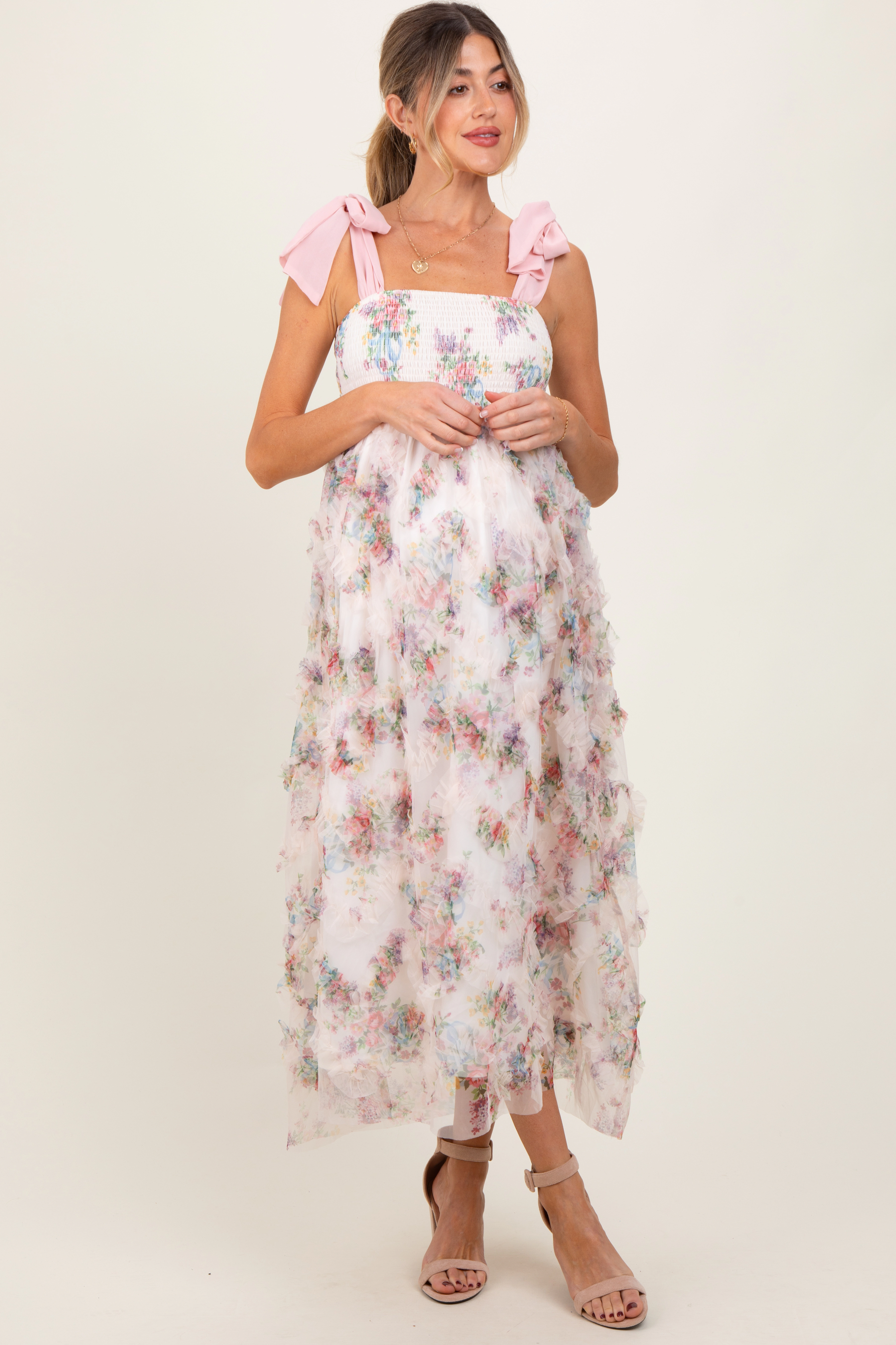 PinkBlush Womens Cream Floral Smocked Shoulder Tie Ruffled Maternity Midi Dress
