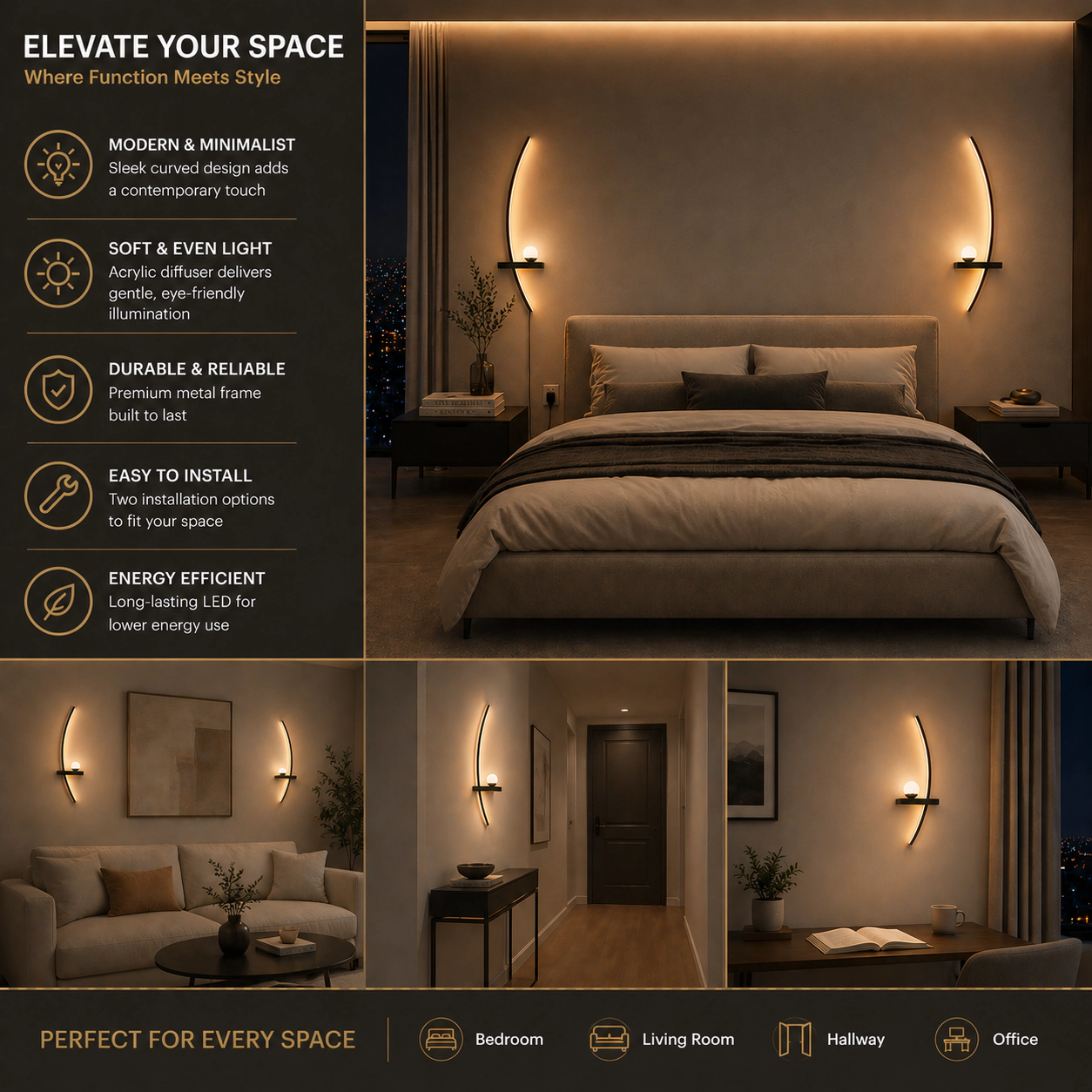 EP Light 2-Pack 33 in LED Bedroom Wall Lights Black Metal Modern Wall Sconces