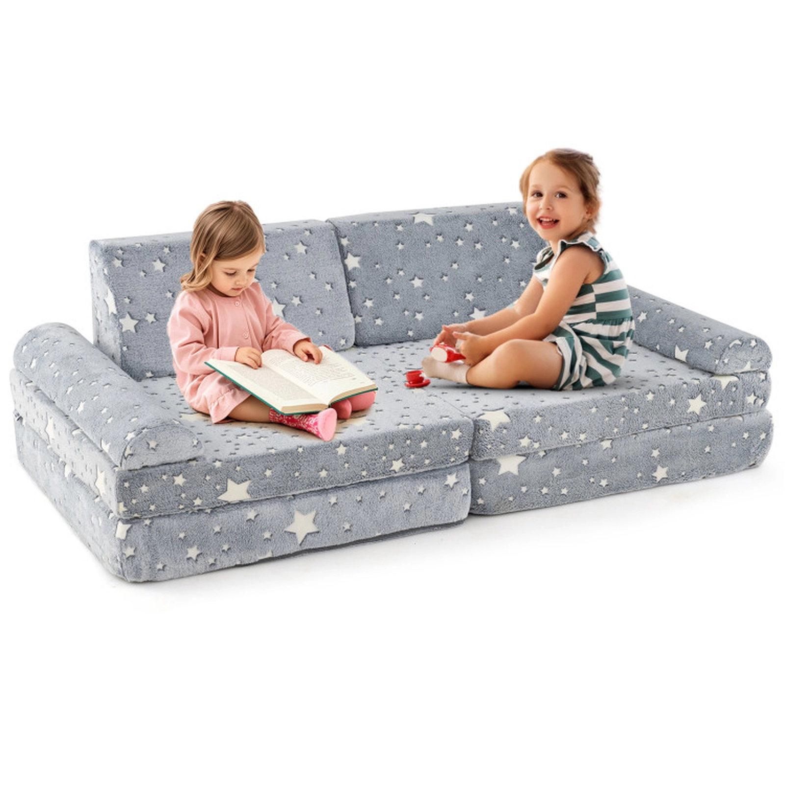 SUGIFT 8-Piece Glow-in-the-Dark Modular Kids Play Couch Toddler Sectional Sofa Chair 55.5-in Wide Gray Multicolor