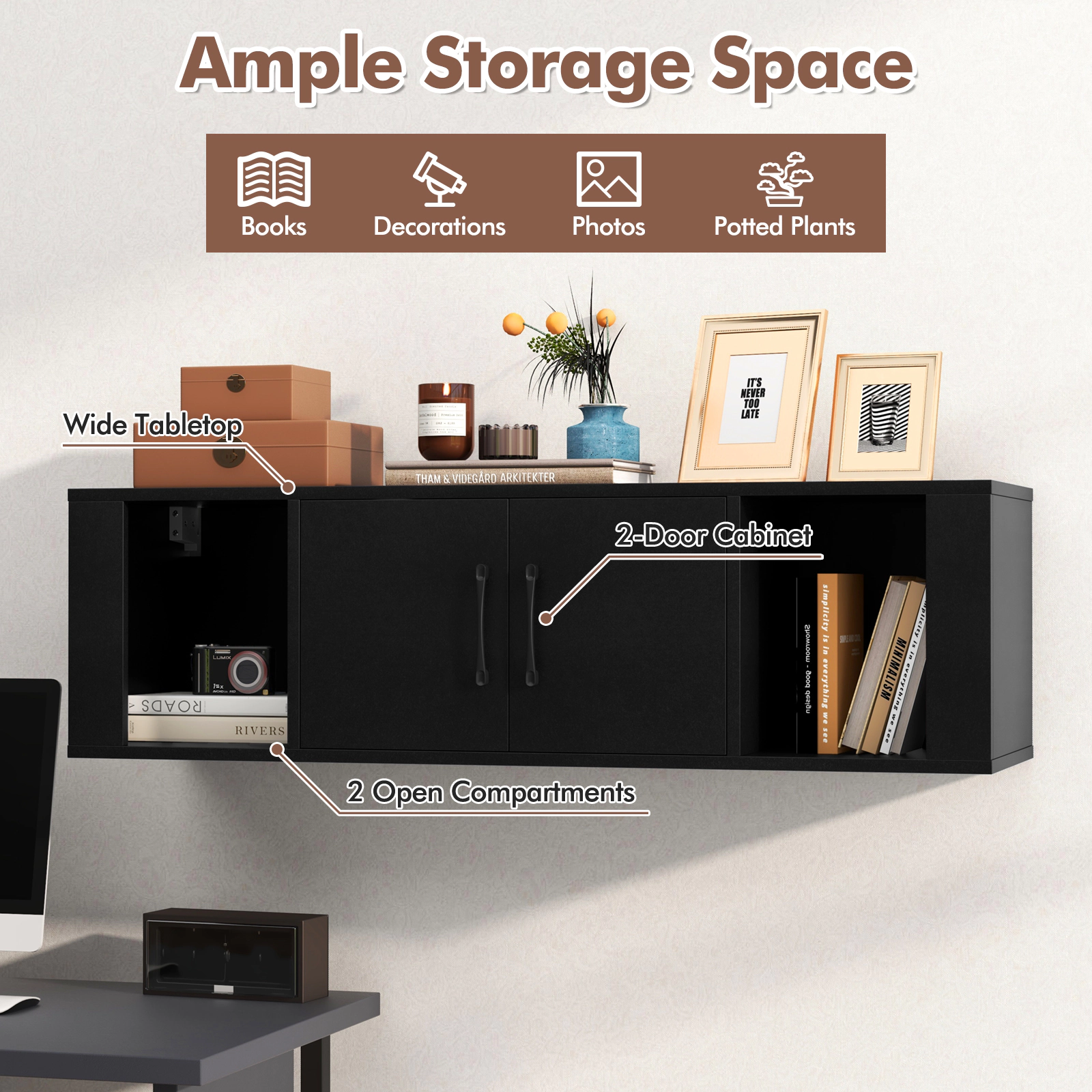 SUGIFT Wall Mounted Floating Desk Hutch with 2 Doors and Open Storage Cubes
