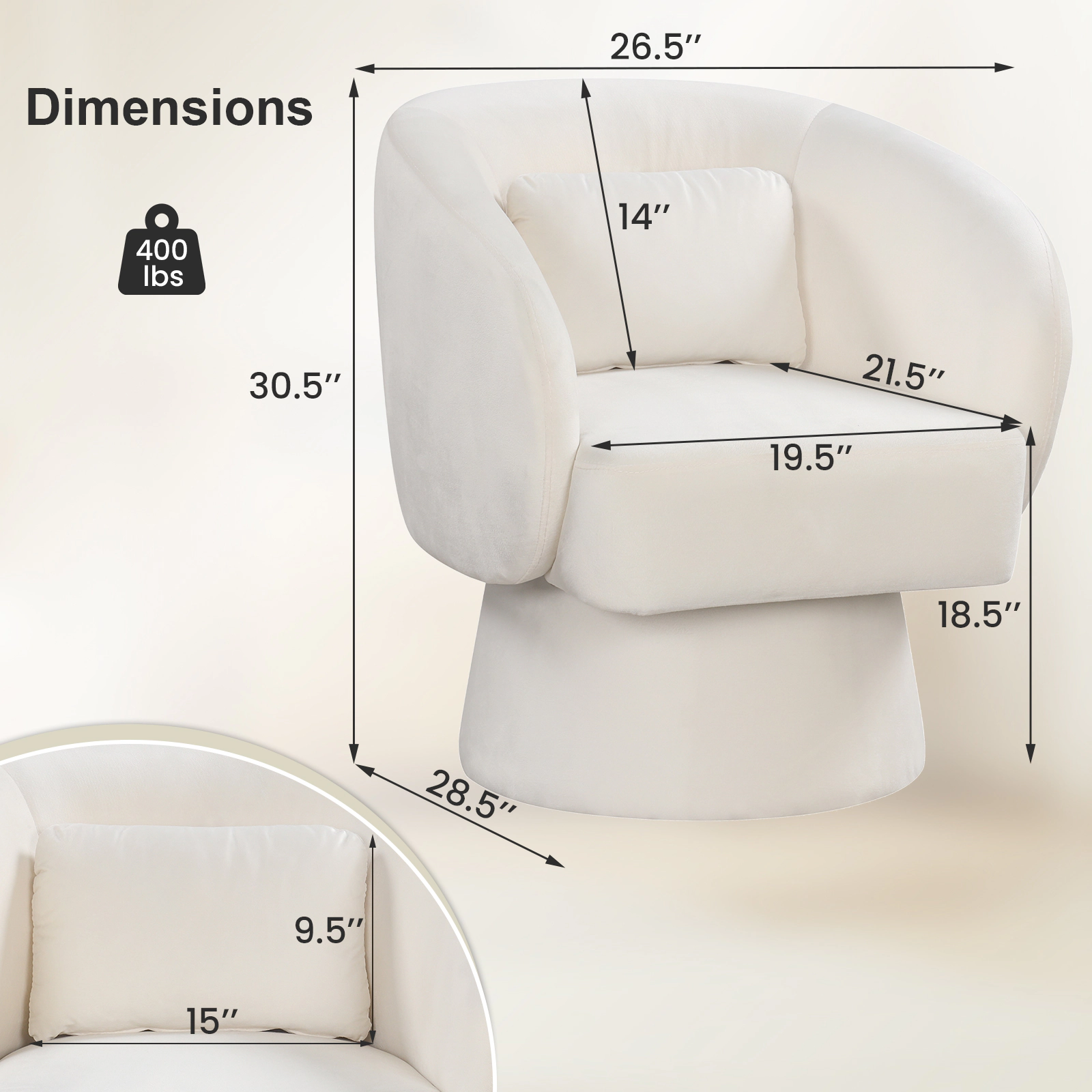 LJG Swivel Accent Chair Upholstered Barrel with Curved Back and Removable Lumbar Pillow
