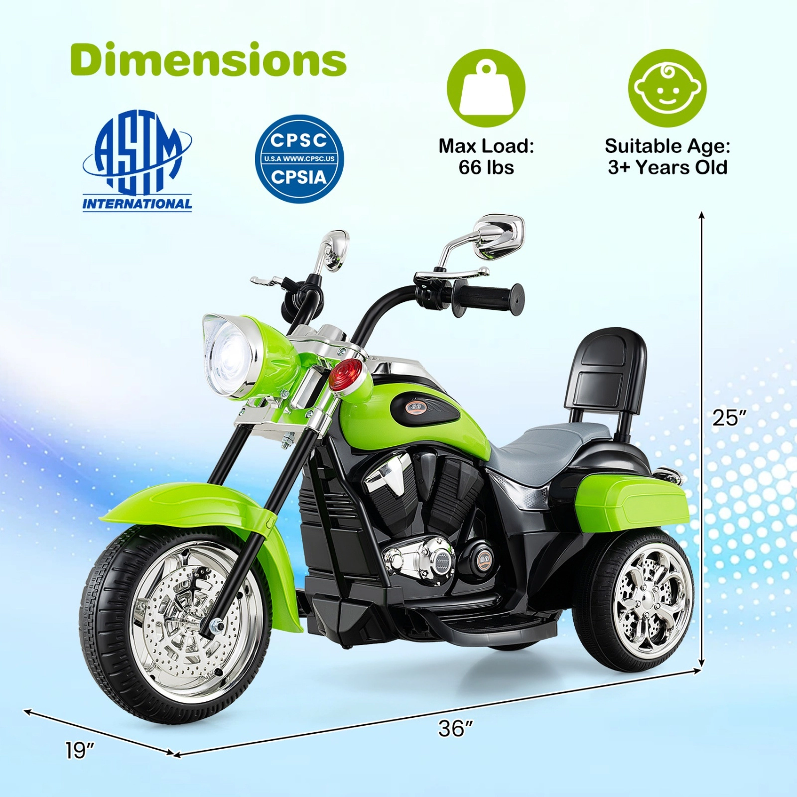 6V Toddler Ride on Motorbike 3-Wheel Electric Trike Horn Headlight Ages 3+ 66-lb Limit