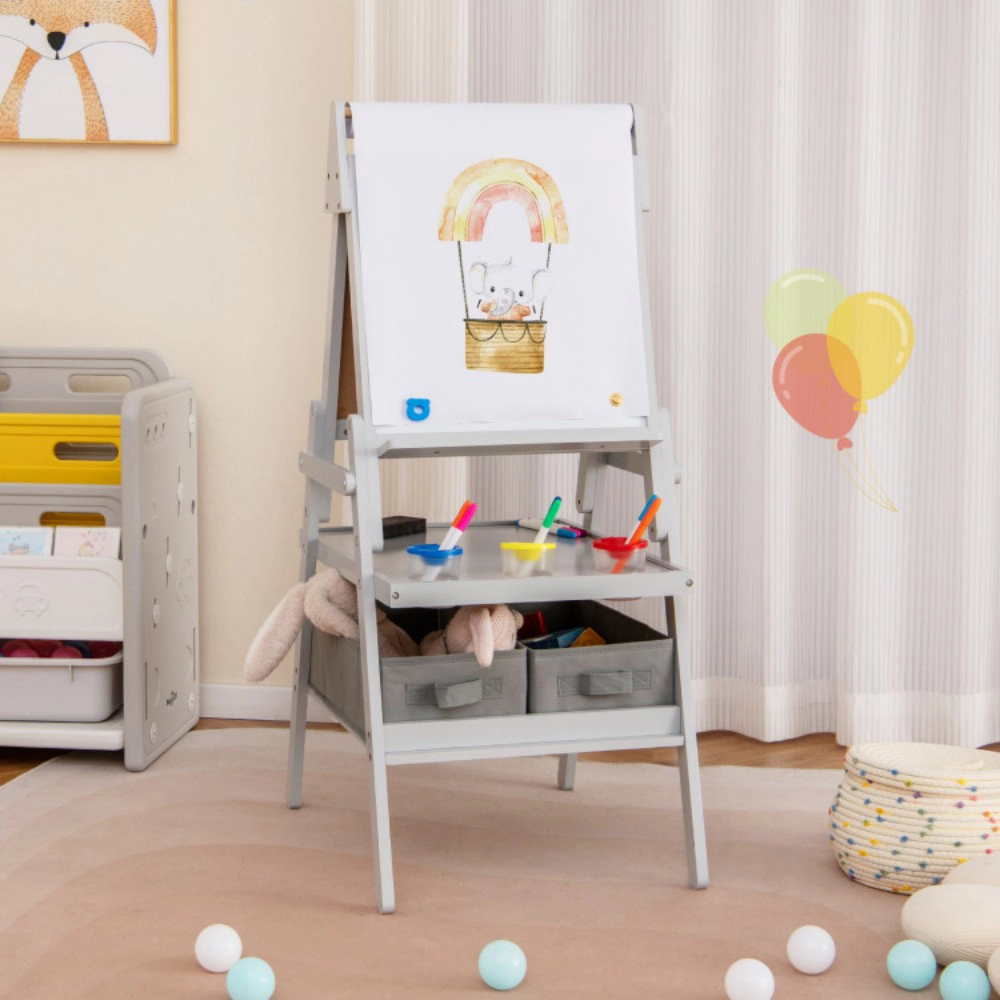 SUGIFT Gray Magnetic Boards Paint Cups and 2 Fabric Storage Bins 3-in-1 Kids Art Easel