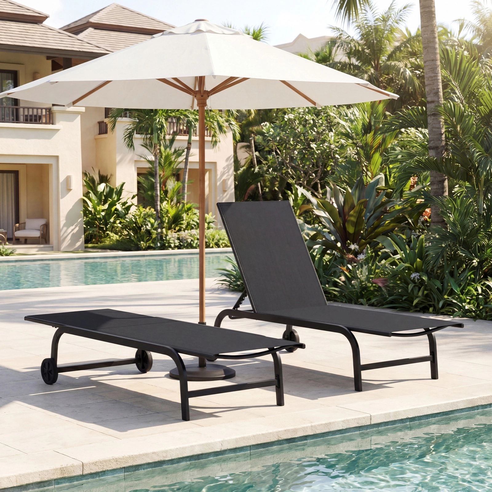 SUGIFT Outdoor Chaise Lounge Chair, Wheeled Metal Patio Recliner, 6-Level Flat-Adjusting Backrest, Black