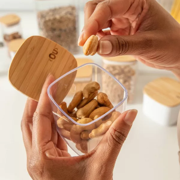 OU Airtight Food Storage Container Set 8pc, Clear Plastic Container w/ Leak Proof Bamboo Lid, Stackable Pantry Organizer