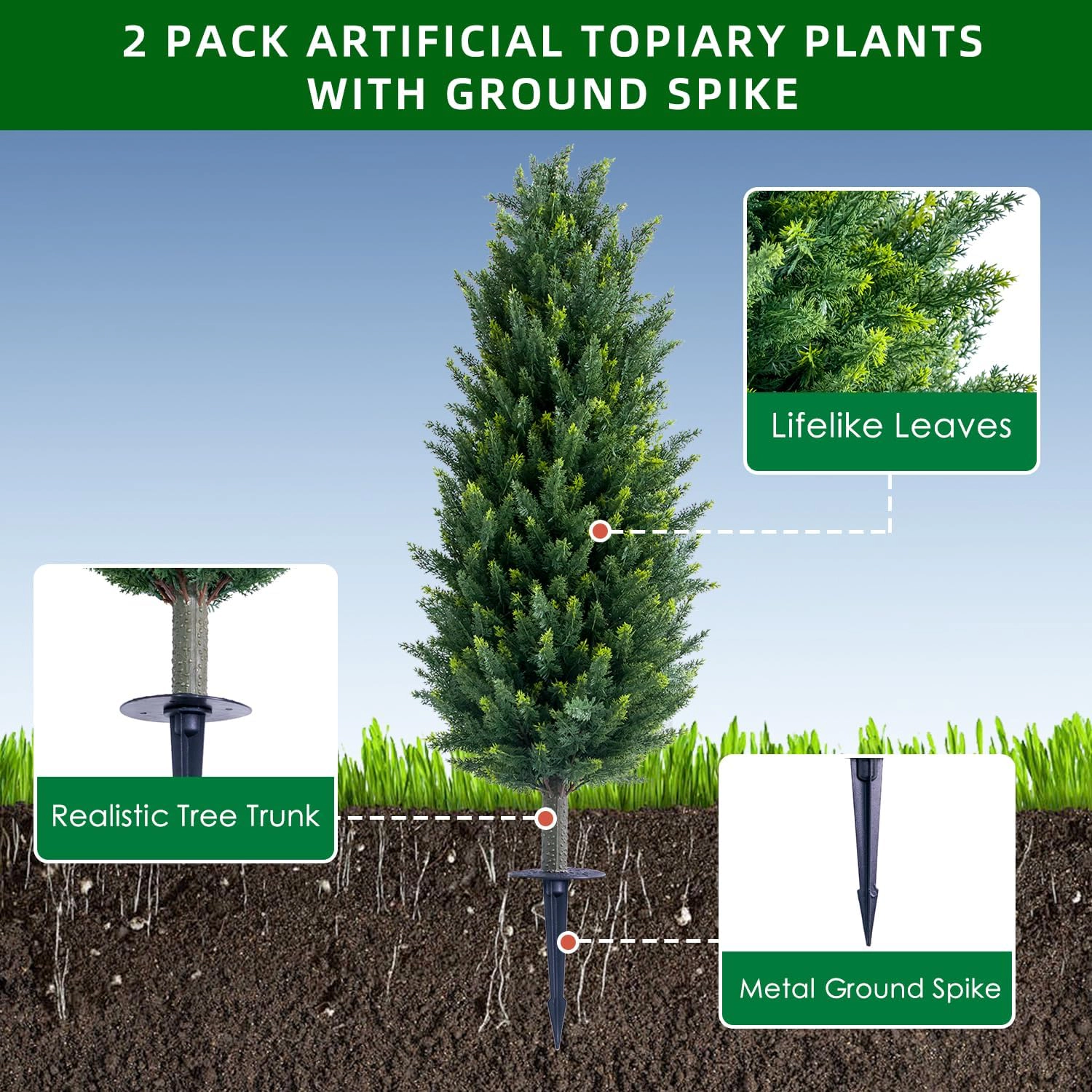 43.3" Dual Pack Lifelike Cedar Topiary Trees with Stakes, Faux Potted Evergreen Plants for Front Door, Balcony