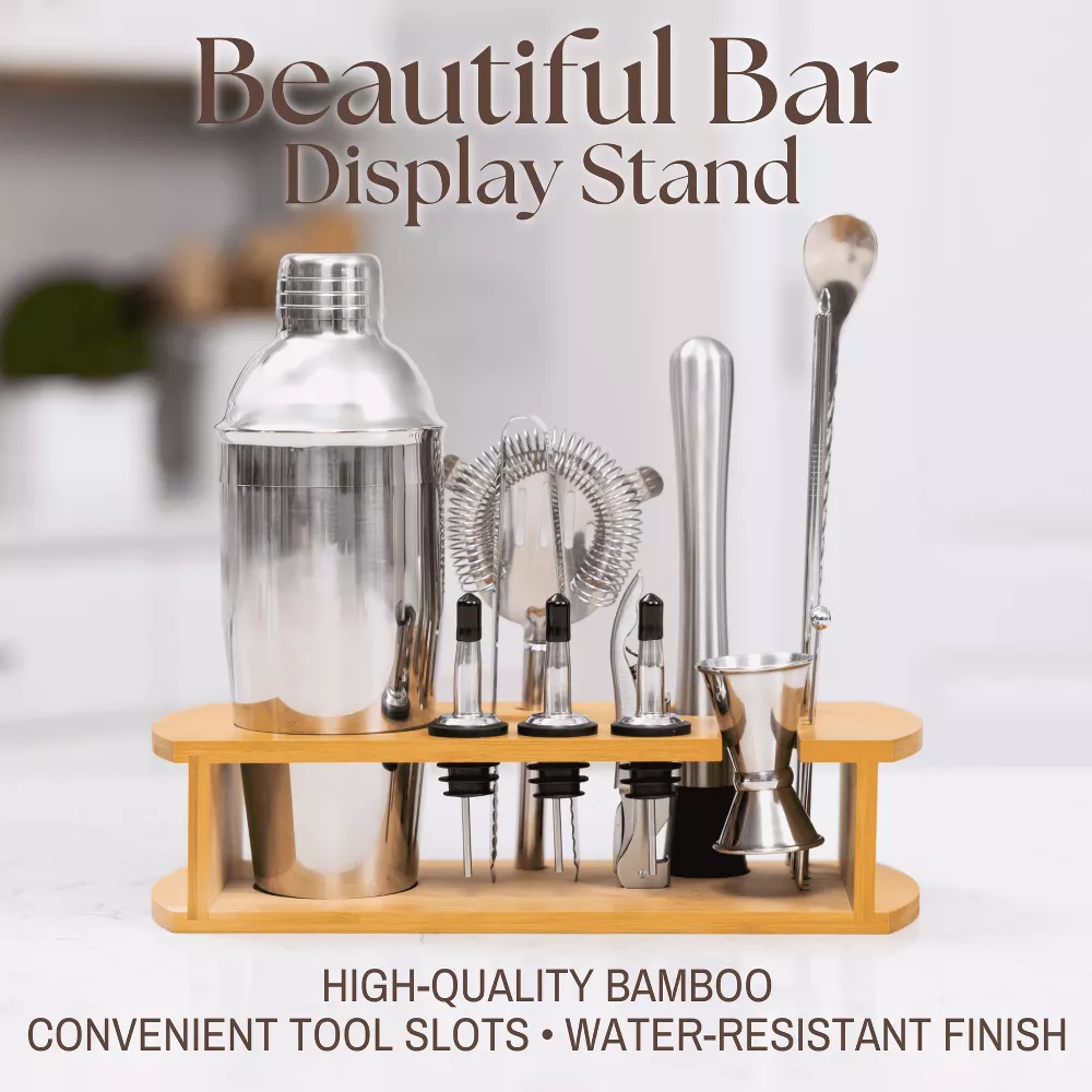 Luminuxe Cocktail Shaker Set Bartender Kit w Stylish Bamboo Stand 16 Piece Barware Mixing Tools, Bartending Kit Gift Set