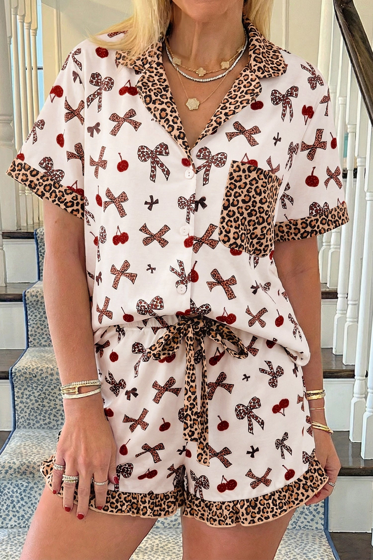 Threaded Pear Womens Della Patchwork Lounge Set - 2-Piece Short Pajama