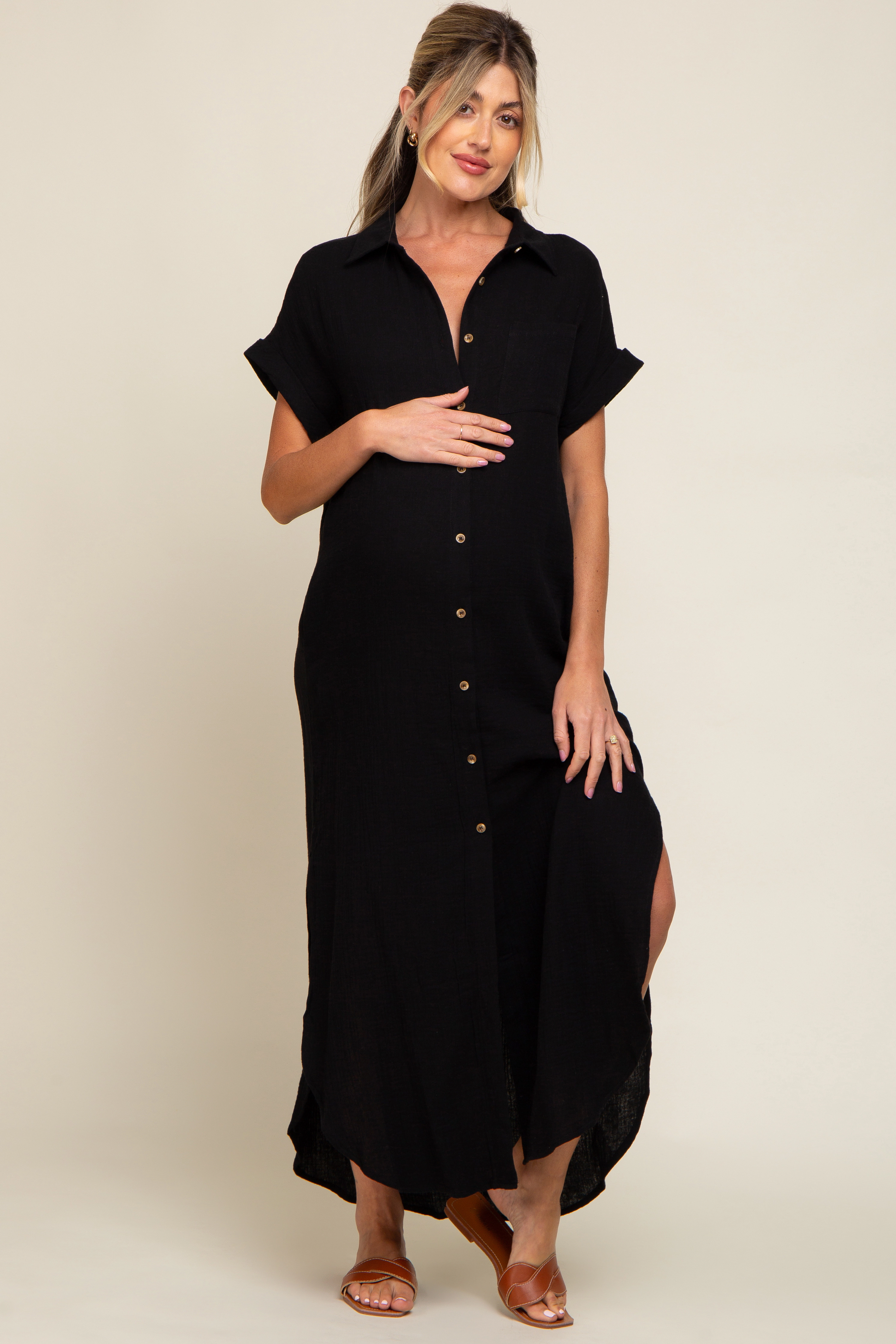 PinkBlush Womens Olive Button Down Maternity Midi Dress