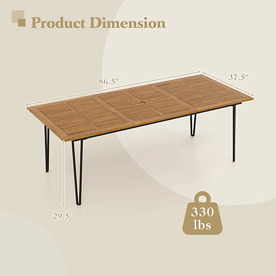 Hivvago 86.5 Inch Rectangular Patio Dining Table For 8 With Acacia Wood Tabletop And Umbrella Hole-86.5 Inches