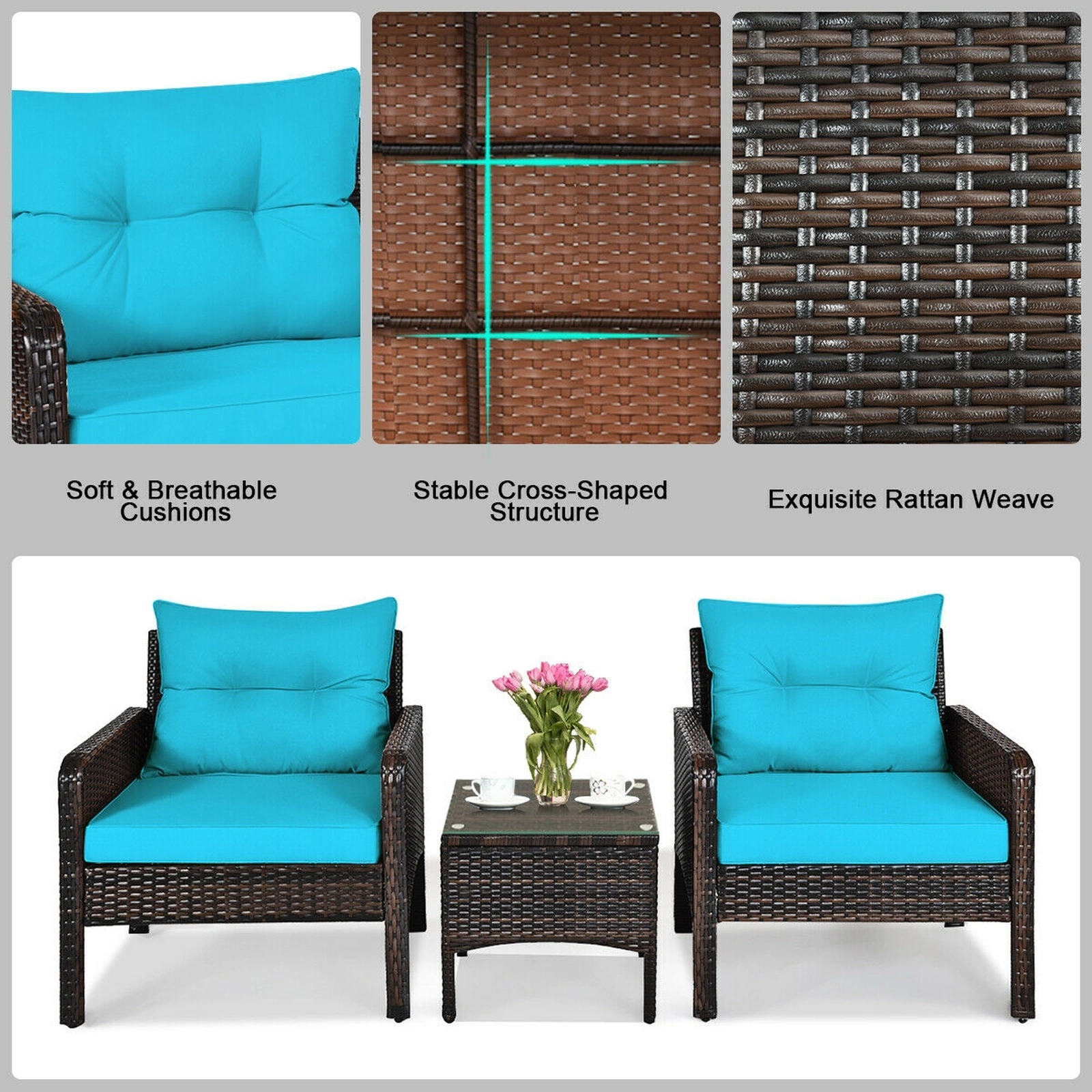 SUGIFT 3-Piece Turquoise Outdoor Wicker Patio Conversation Set with Glass Table