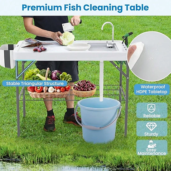 BebreezChic Folding Fish Cleaning Table with Sink, Grid Rack, Faucet ...