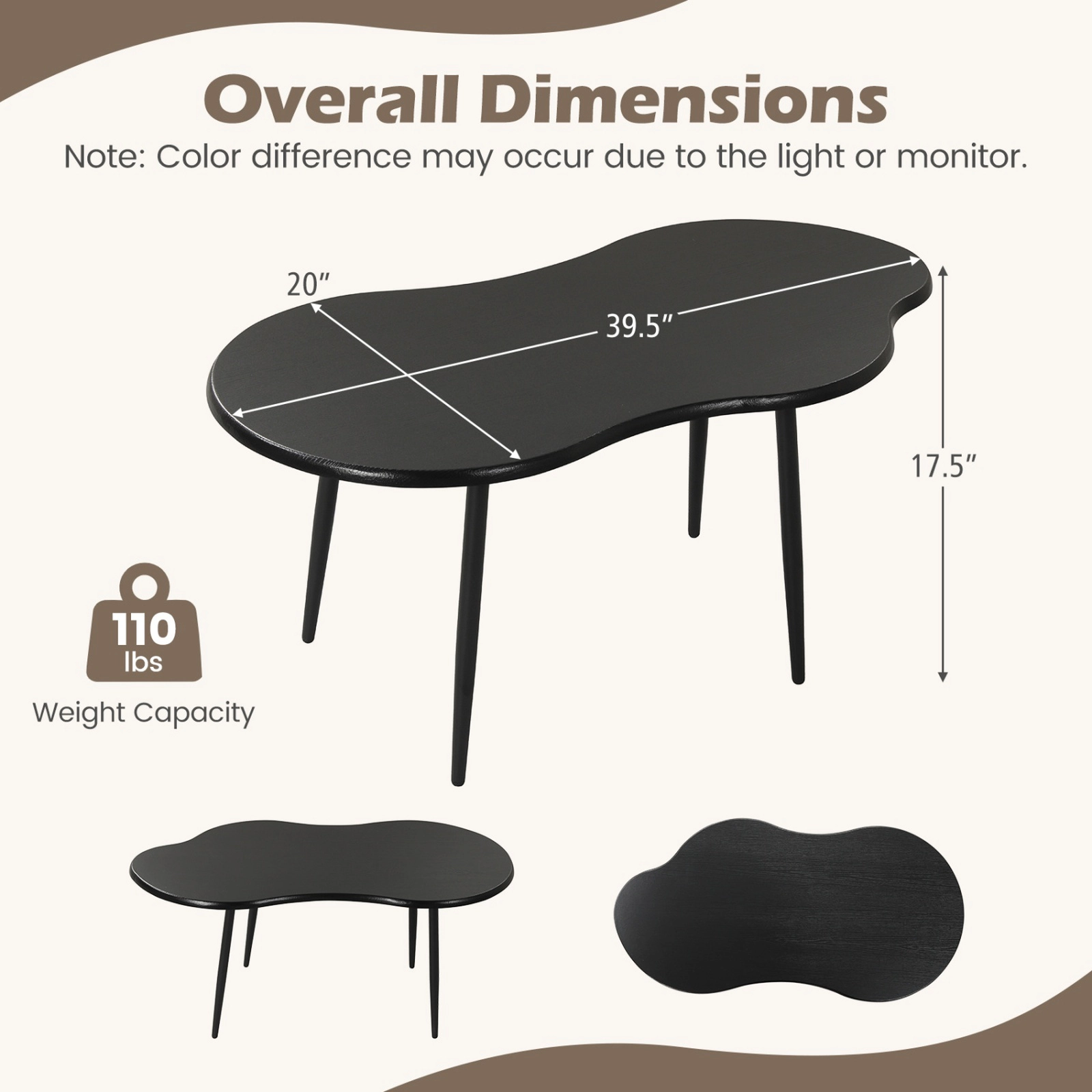 SUGIFT Cloud Shape Rounded Edge Metal Frame Irregular Coffee Table 39.5-in x 20-in x 17.5-in 110-lb Capacity Black
