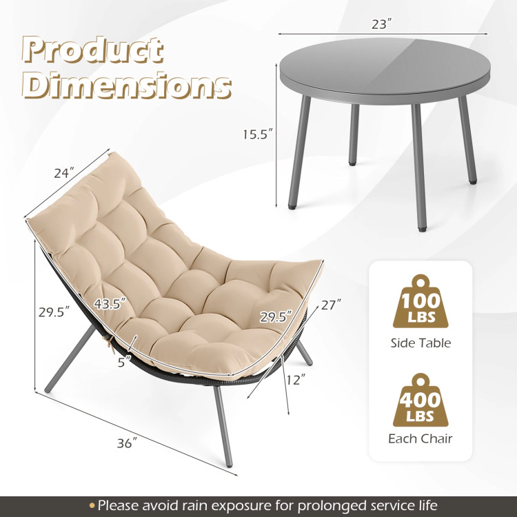 Hivvago 3 Pieces Pe Rattan Conversation Set With Cushioned Papasan Chairs