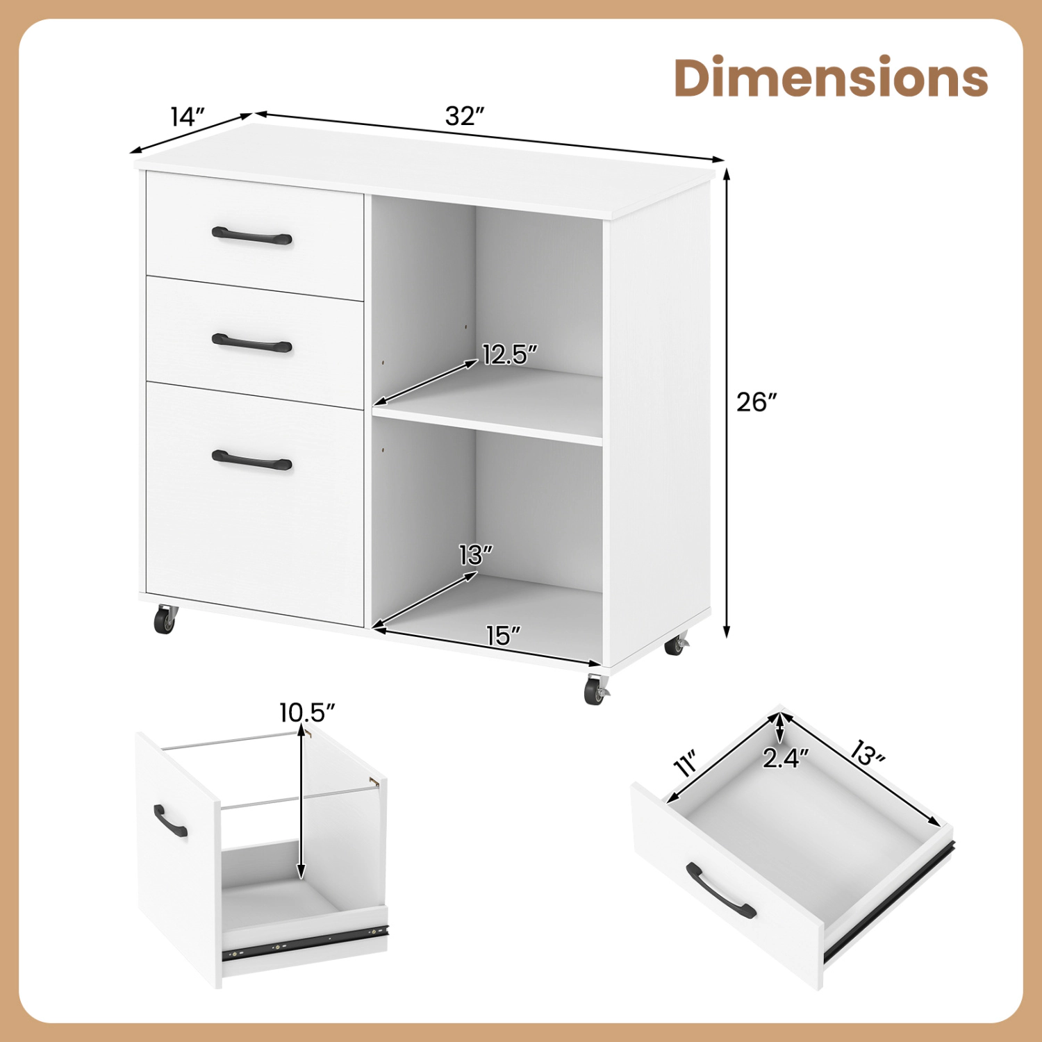LJG 3-Drawer Mobile File Cabinet with Open Storage Shelves and Wheels for Letter A4 Size