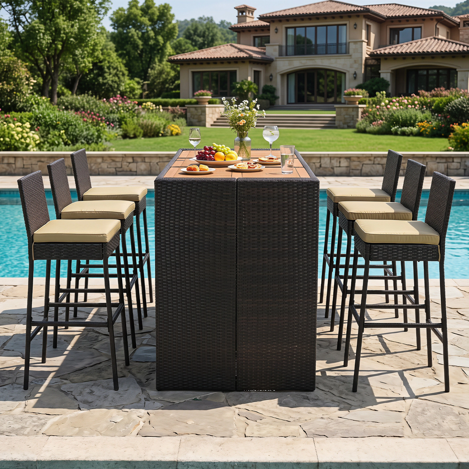 LJG 7-Piece Outdoor PE Wicker Bar Set with Bar Height Table and 6 Cushioned Stools for Yard