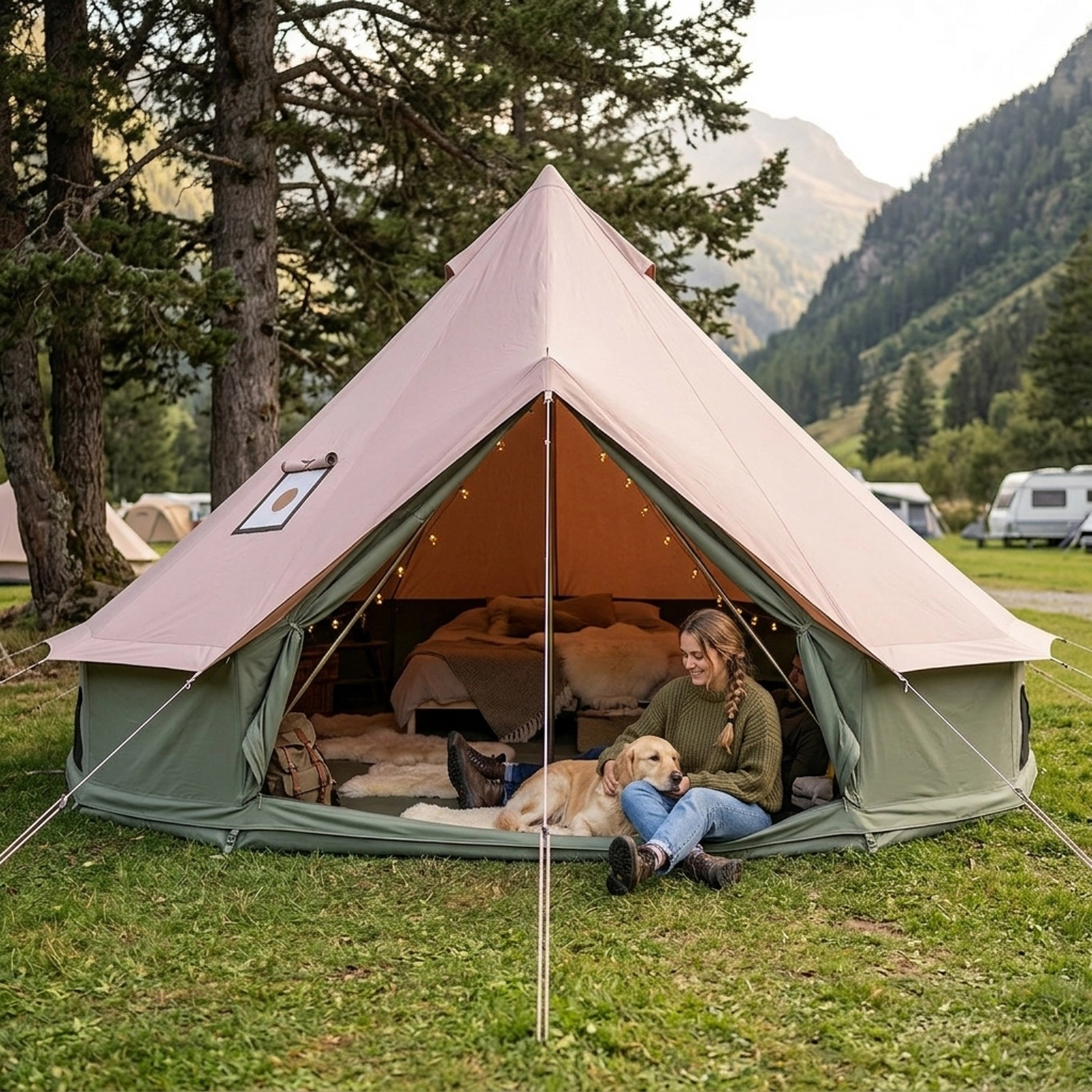 SUGIFT 4 to 6 Person Khaki Green 13.5 x 7.2-ft Waterproof Bell Tent with Stove Jack and Mesh Doors