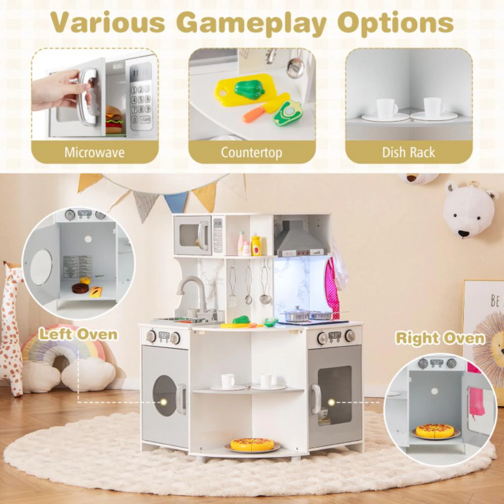 Hivvago Kids Corner Wooden Play Kitchen with Range Hood and Stoves-Gray