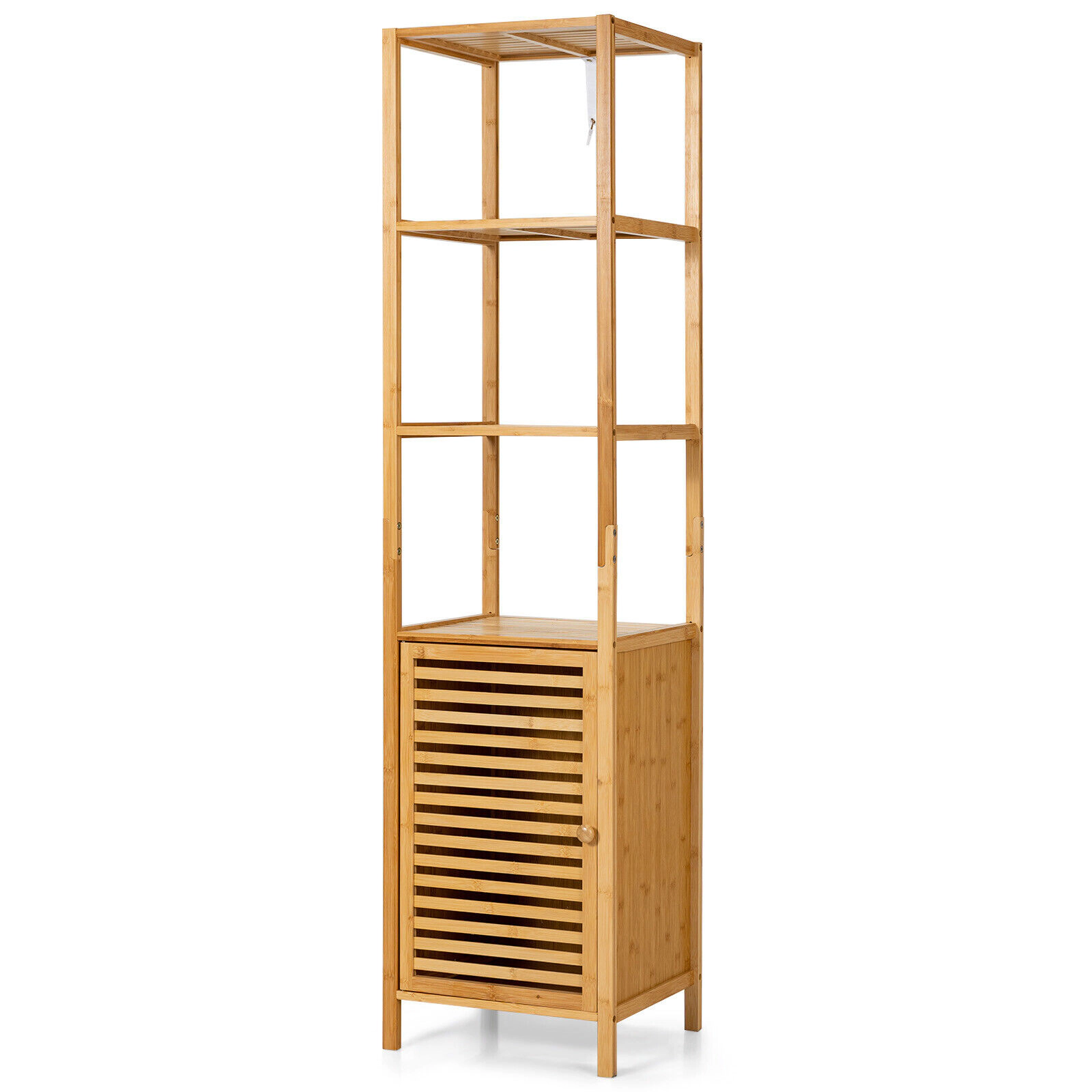 Slickblue Tall Bathroom Floor Cabinet Natural Wicker Open Shelves Shutter Door Storage
