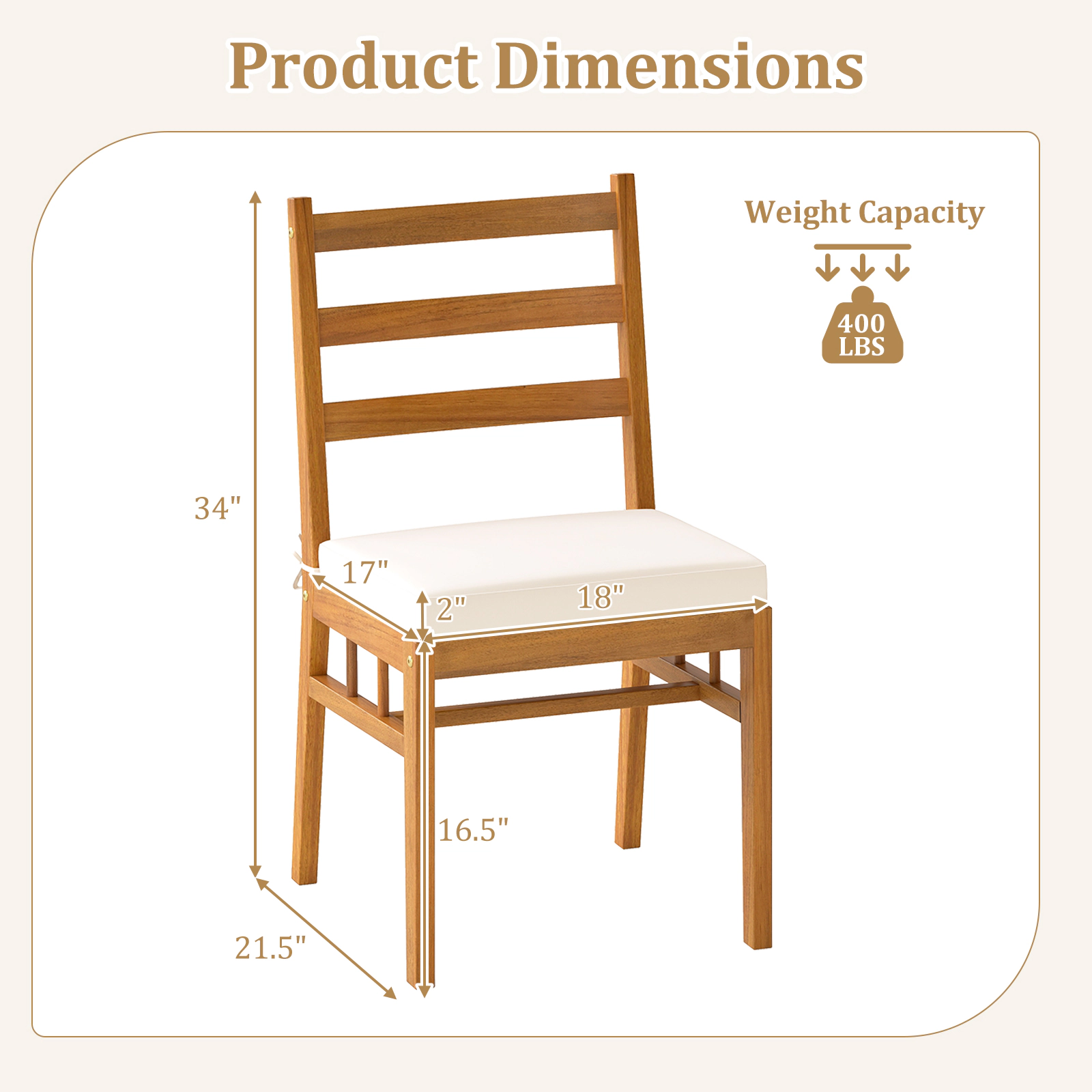 LJG Solid Acacia Wood Patio Chair Set of 2 Armless Chair