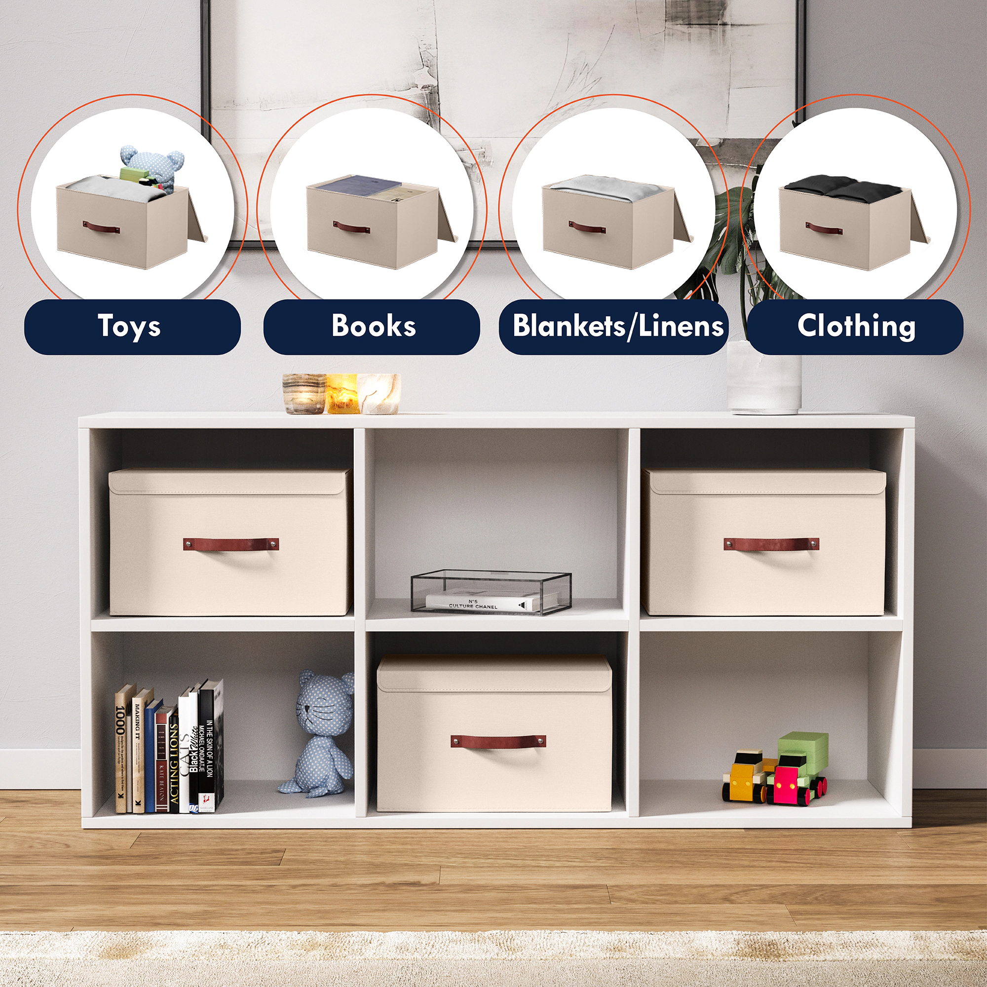 Ornavo Home 6 Pack Foldable Linen Storage Bin with Faux Leather Handles and Lid