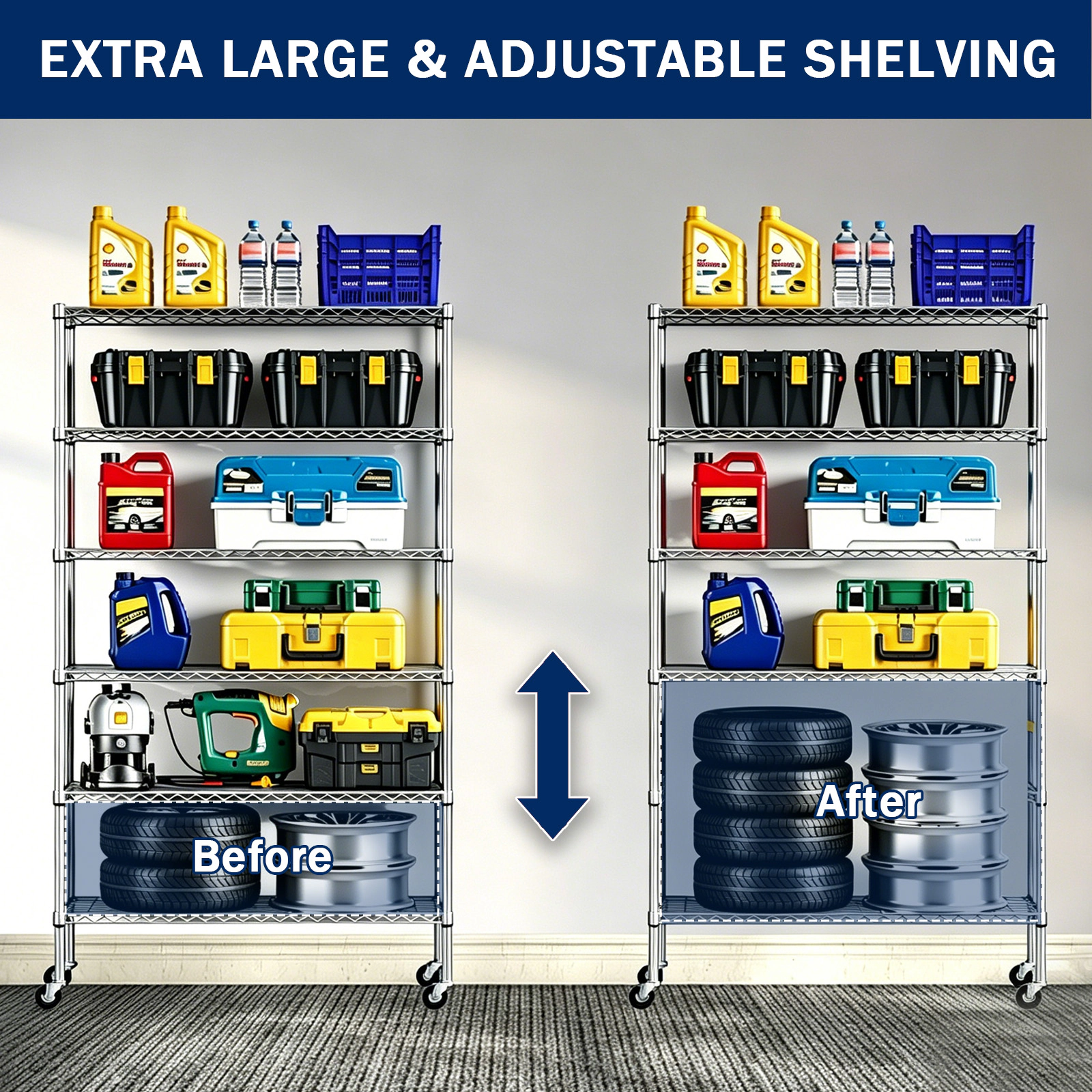 Flynama 5-Tier Chrome Mobile Shelving Unit, 47.2x17.7x76.7in, Adjustable Steel Rack with Wheels for Home and Garage