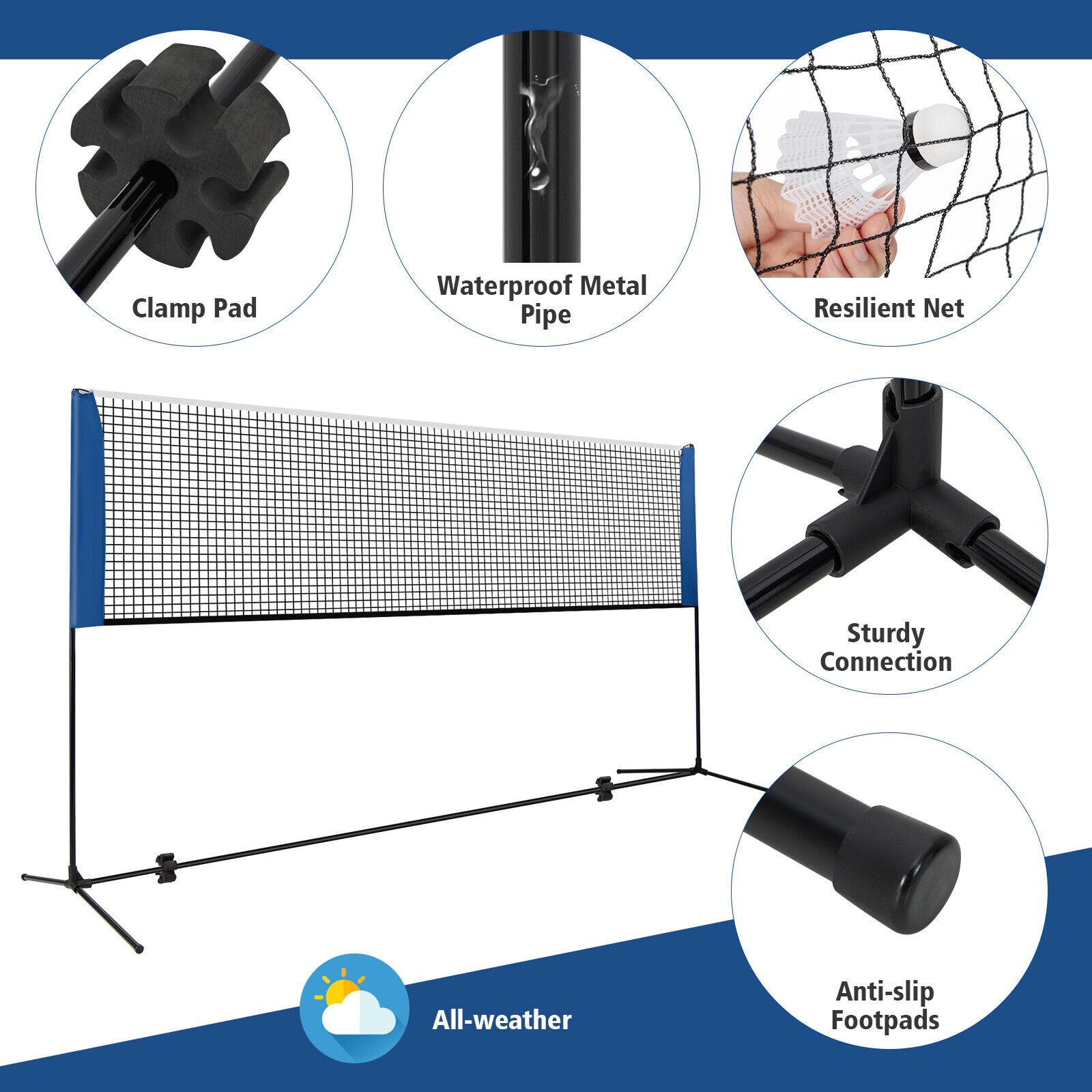 SUGIFT Adjustable 10/14-ft Badminton Net Stand with Nonslip Footpads and Portable Carry Bag Blue Black