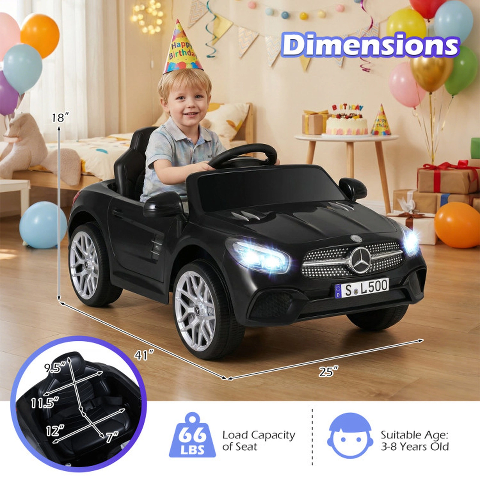 SUGIFT Licensed 12V Kids Ride-On Car Mercedes-Benz with Remote and Music 66-lb Capacity Ages 3-8 Black