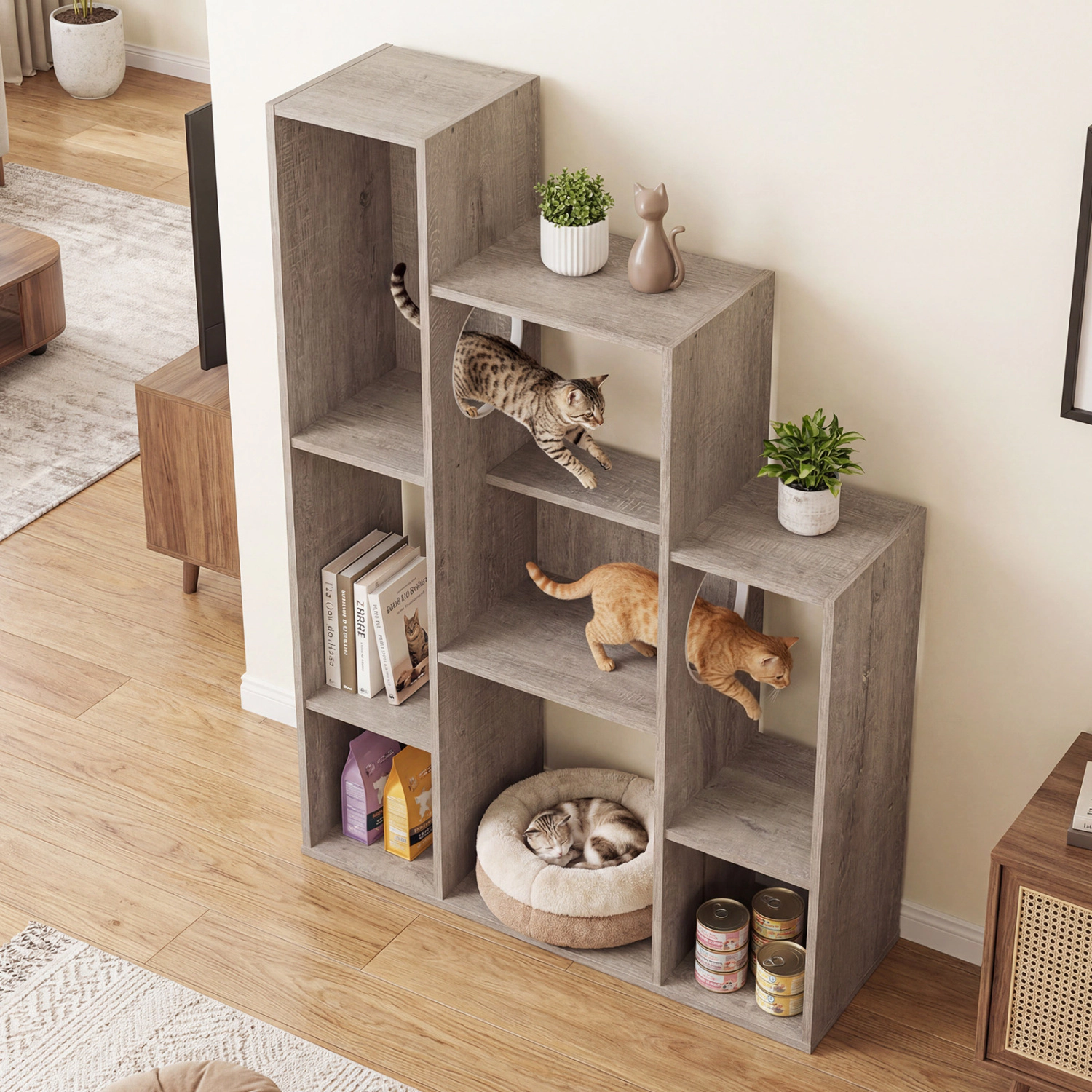 LJG Modern Cat Bookshelf Tree 8-Section Storage Cabinet with 2 Round Holes