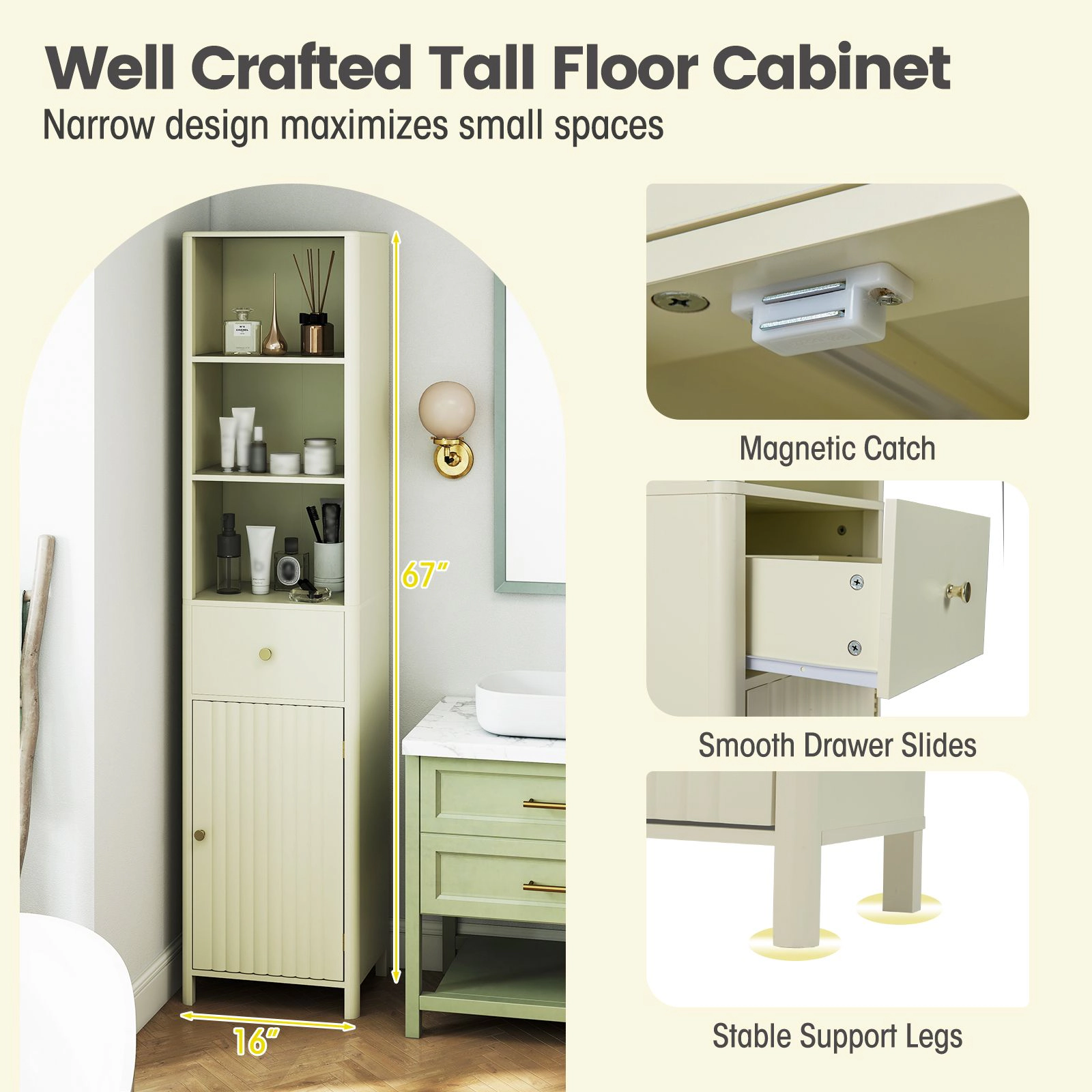 SlickBlue Modern Floor Cabinet with Drawer and Adjustable Storage Space