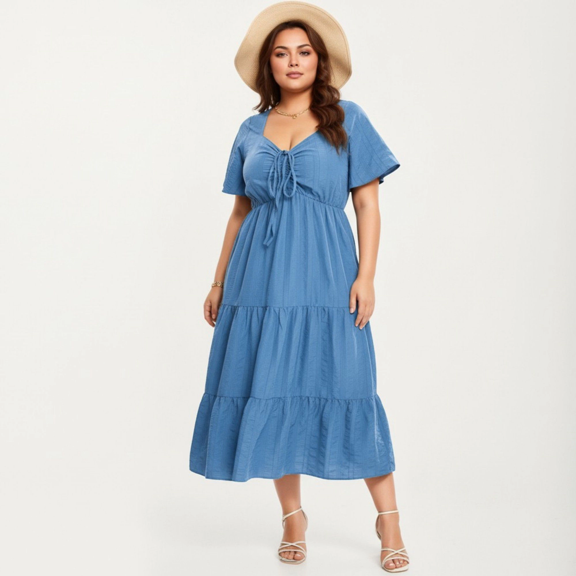 Anna-Kaci Women's Plus Short Sleeve V Neck Front Tie Elastic Waist Tiered Maxi Dress