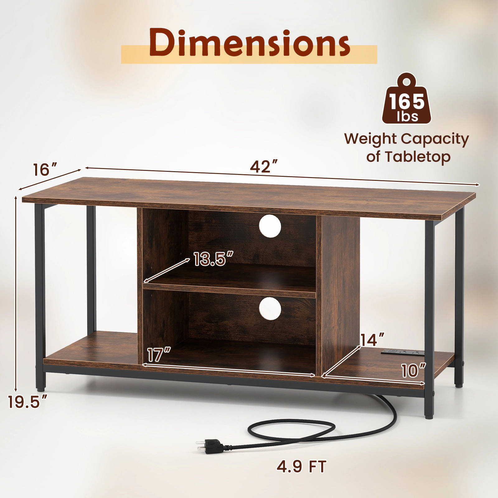 SUGIFT TV Stand Entertainment Center with Power Outlets 100-lb Top Capacity for TVs up to 50 Inches Rustic Brown & Black