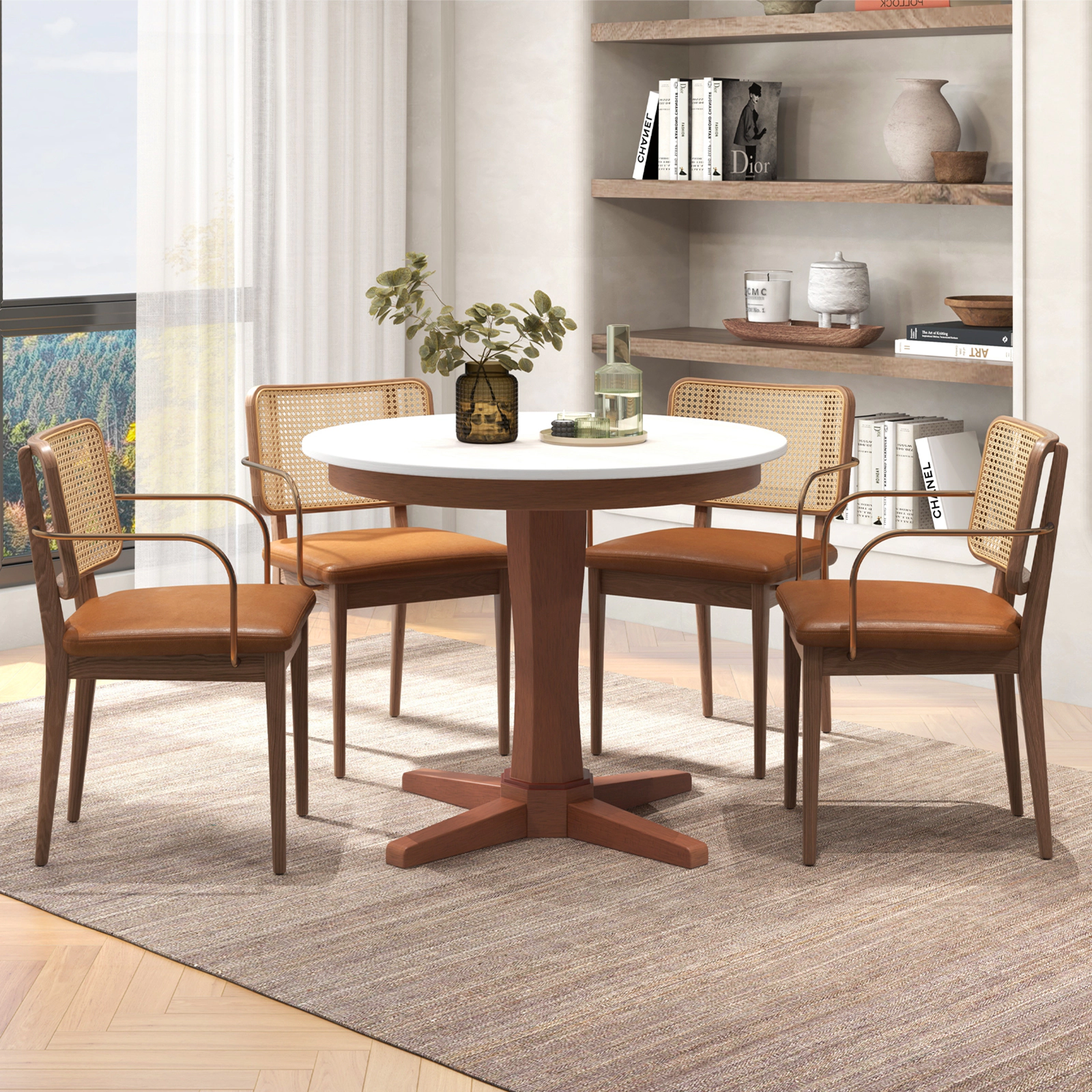 LJG 35 Inches Wooden Round Dining Table with Pedestal Base