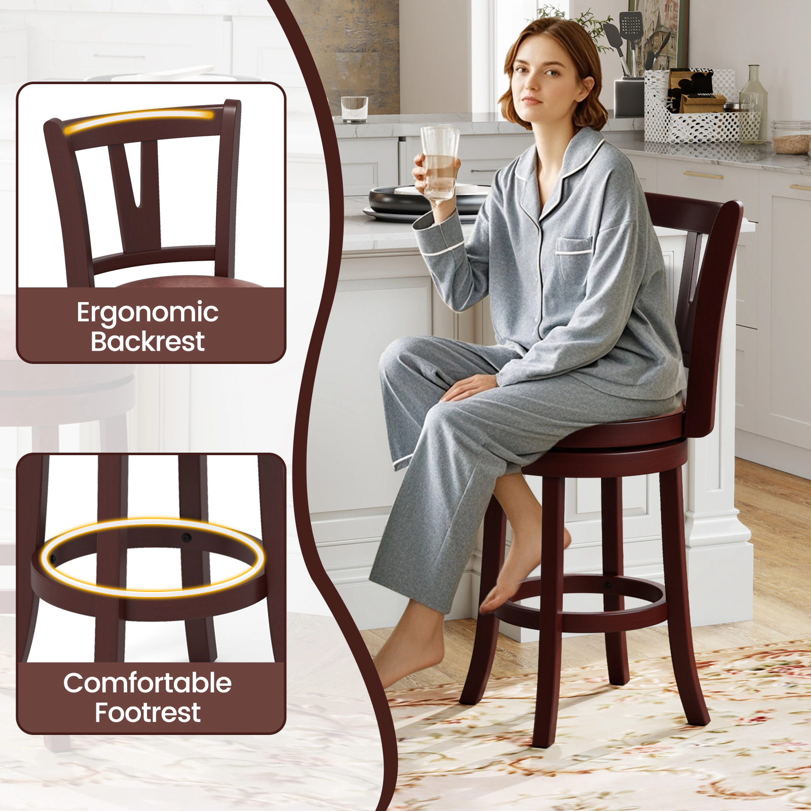 SUGIFT Set of 2 360° Swivel Counter Height Bar Stools with High Backs & Footrests 355-lb Capacity 26-in Seat Cappuccino