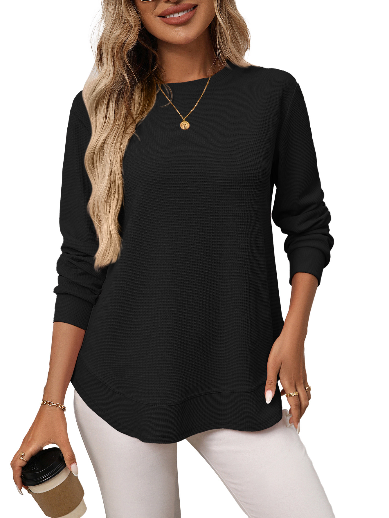Enchanted Funland Womens Crew Neck Waffle Knit Long Sleeve Curved Hem Tunic Tops