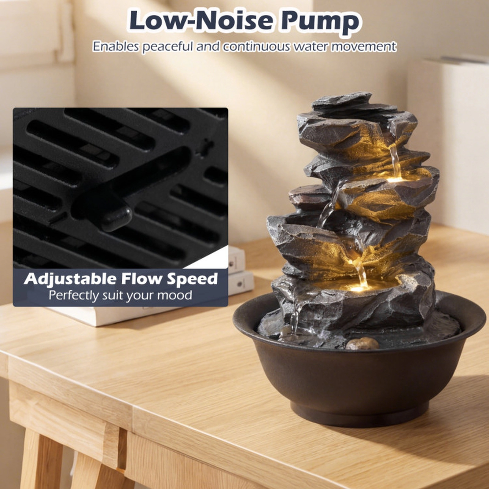 SUGIFT 8.5-in Black Multi-Tier Tabletop Water Fountain with LED Light and Silent Adjustable Pump